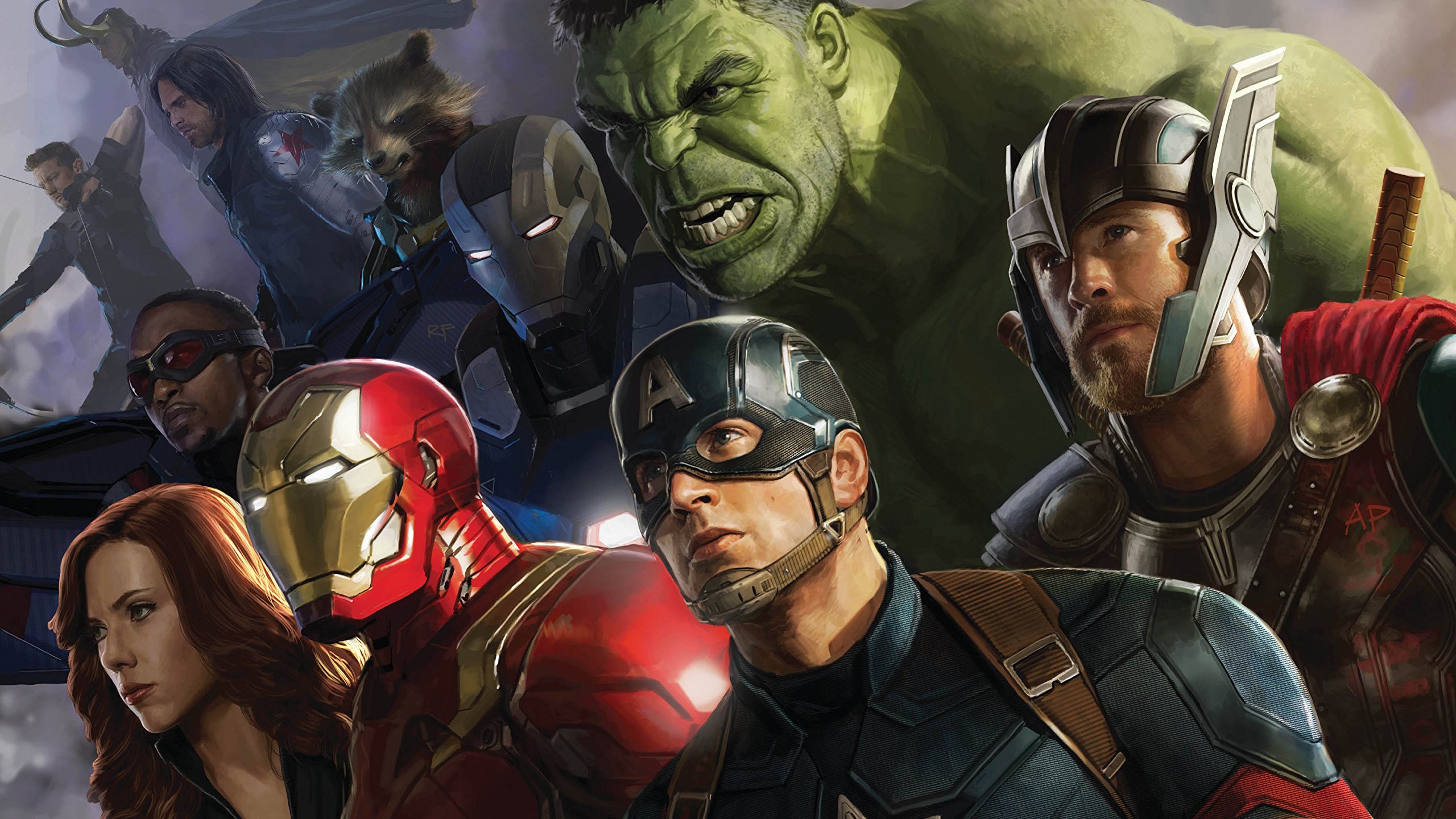 Wallpaper / artwork, The Avengers, Marvel Comics, Marvel Cinematic Universe, comics, superhero, Hulk, Iron Man, Thor, Captain America, Rocket Raccoon, Loki, War Machine, Black Widow, Falcon, Hawkeye