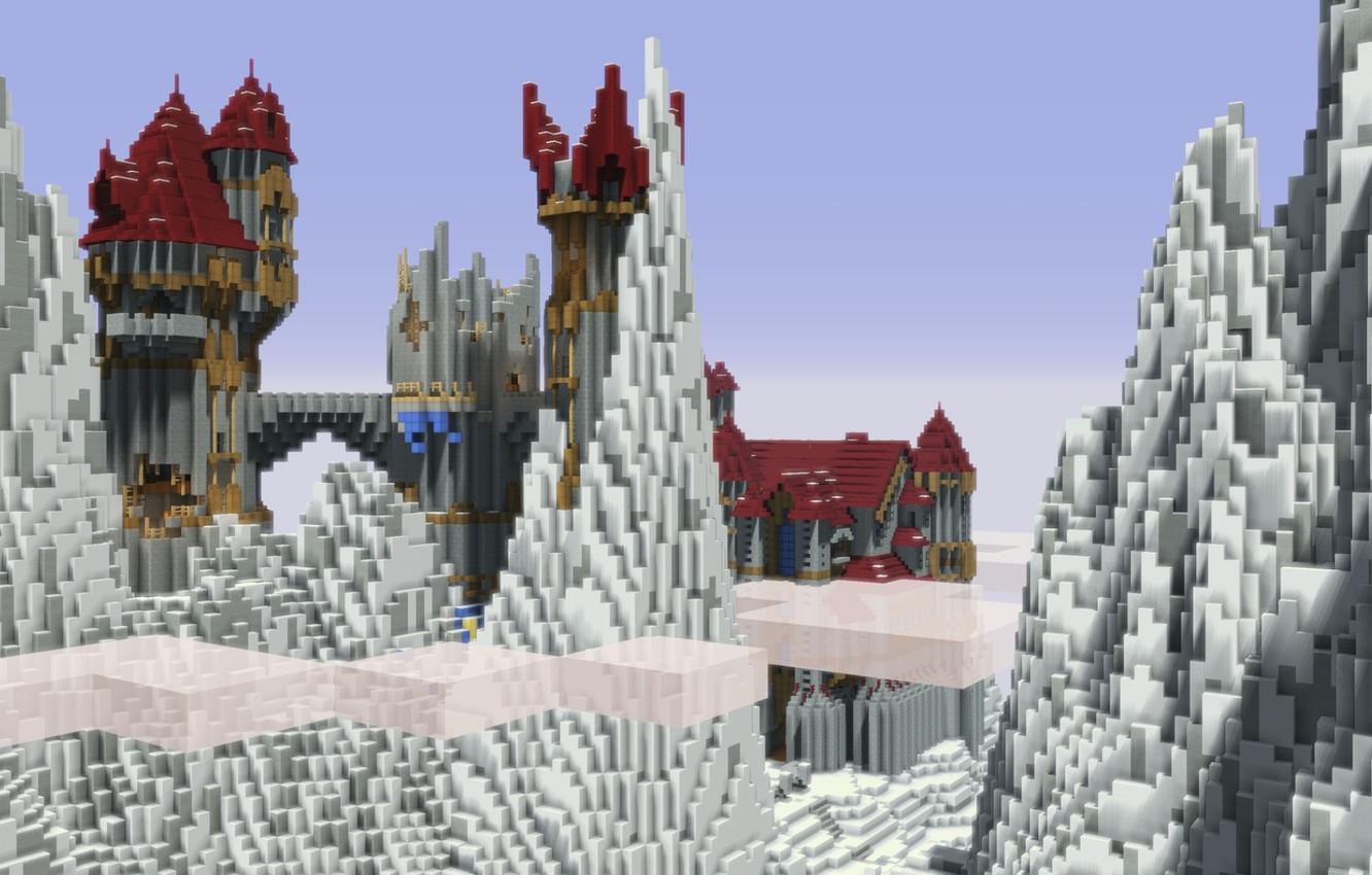 Wallpaper roof, the sky, clouds, snow, bridge, stones, castle, rocks, tower, blocks, window, Minecraft, allcaps image for desktop, section игры