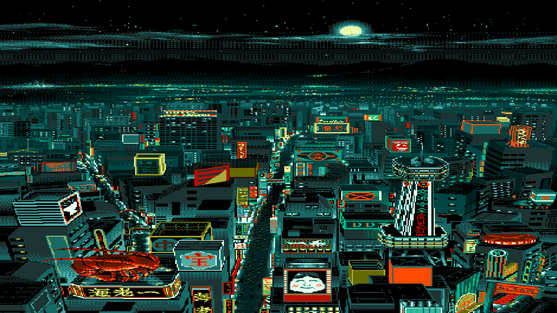 Wallpaper / pixel art, digital art, pixelated, pixels, night, stars, Moon, building, cityscape, Japanese characters, lobsters