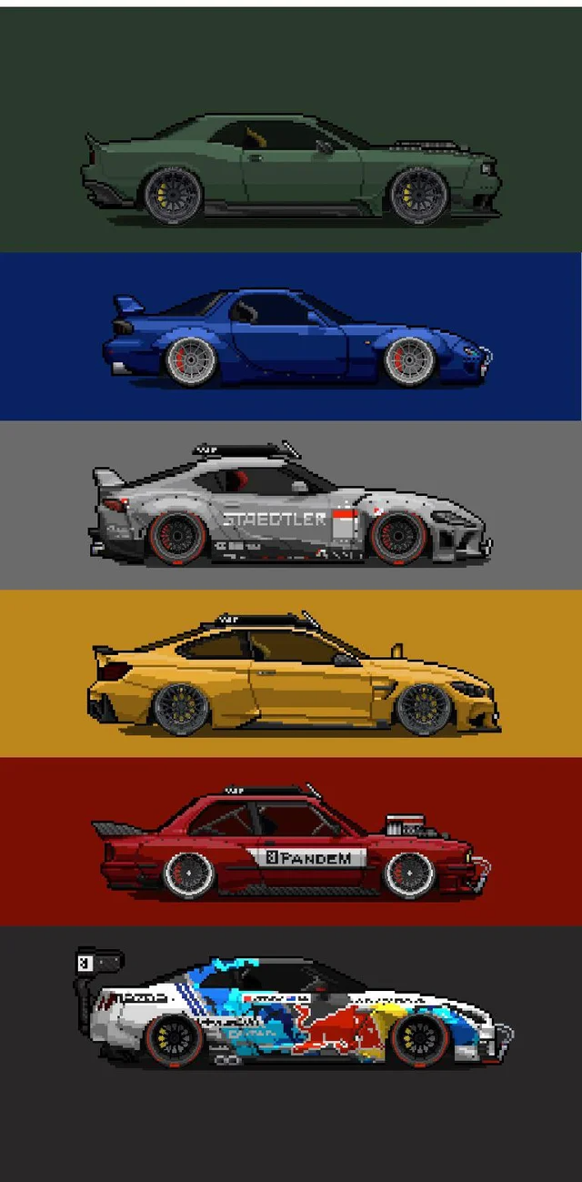 Made a wallpaper for my phone with the cars that are currently in my garage, PixelCarRacer. Cool car drawings, Vintage racing poster, Car artwork