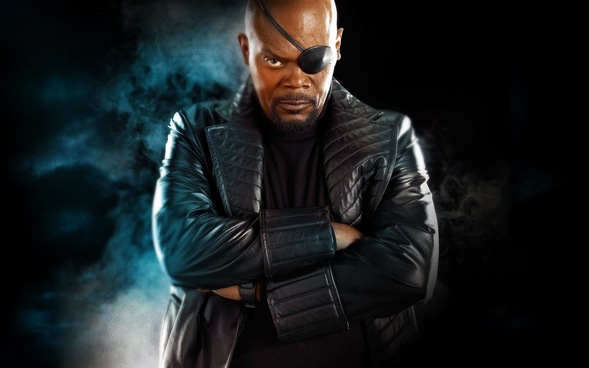 Wallpaper, eyepatches, arms crossed, Marvel Cinematic Universe, Samuel L Jackson, Captain America The Winter Soldier, Nick Fury, angry, arms on chest, darkness, screenshot, computer wallpaper, action film 1920x1200
