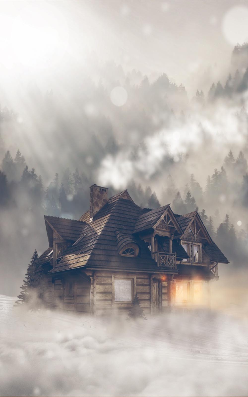 Woods Cabin in Cloudy Mountain Free HD Mobile Wallpaper