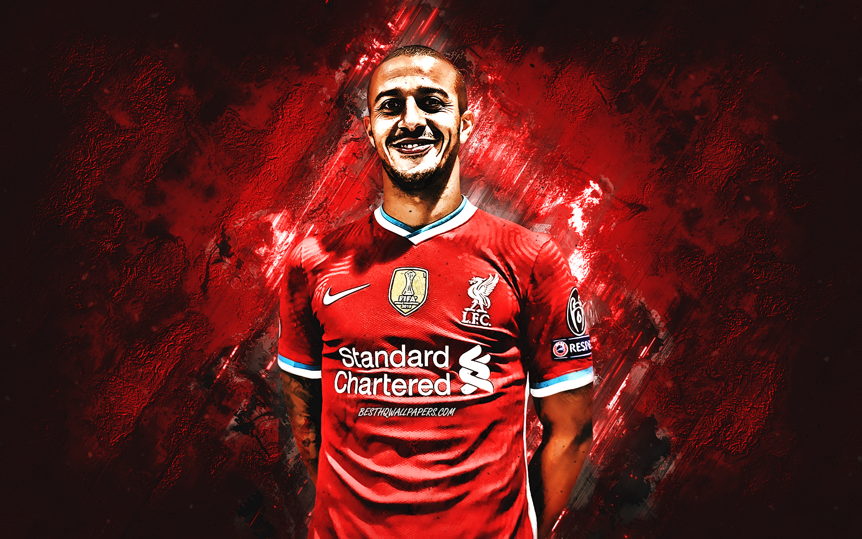 Download wallpaper Thiago Alcantara, Liverpool FC, Spanish football player, portrait, red stone background, creative art, football for desktop with resolution 2880x1800. High Quality HD picture wallpaper