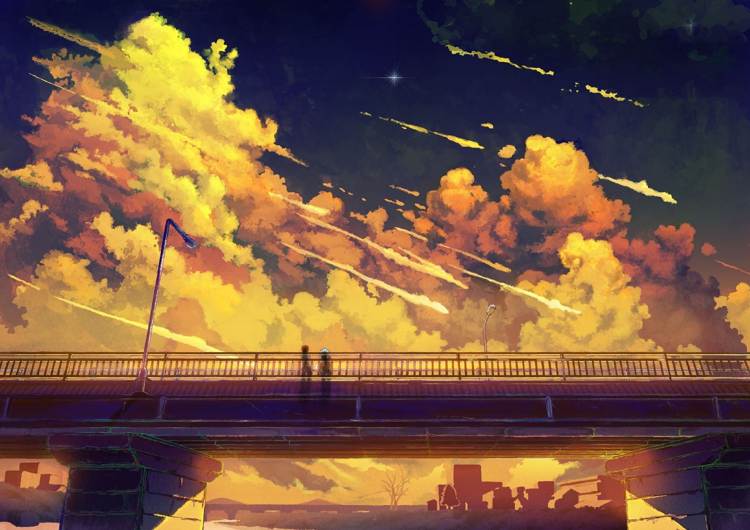 Wallpaper, sunlight, sunset, night, anime, reflection, sky, yellow, evening, morning, fire, Vocaloid, Hatsune Miku, dusk, color, dawn, atmosphere of earth, 1500x1061 px 1500x1061