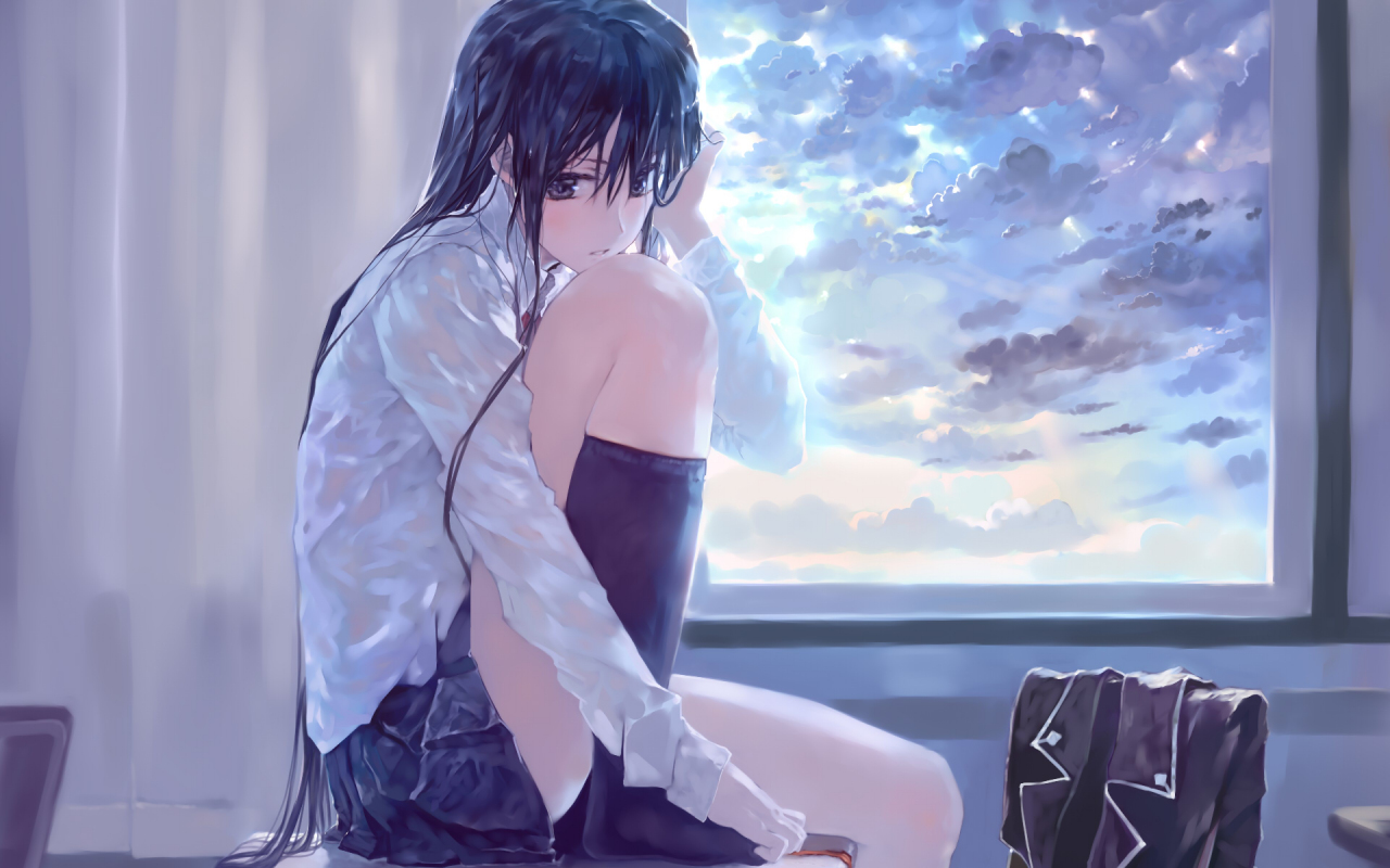 Desktop Wallpaper Wet Long Hair, Anime Girl, School Uniform, HD Image, Picture, Background, Qb2xks