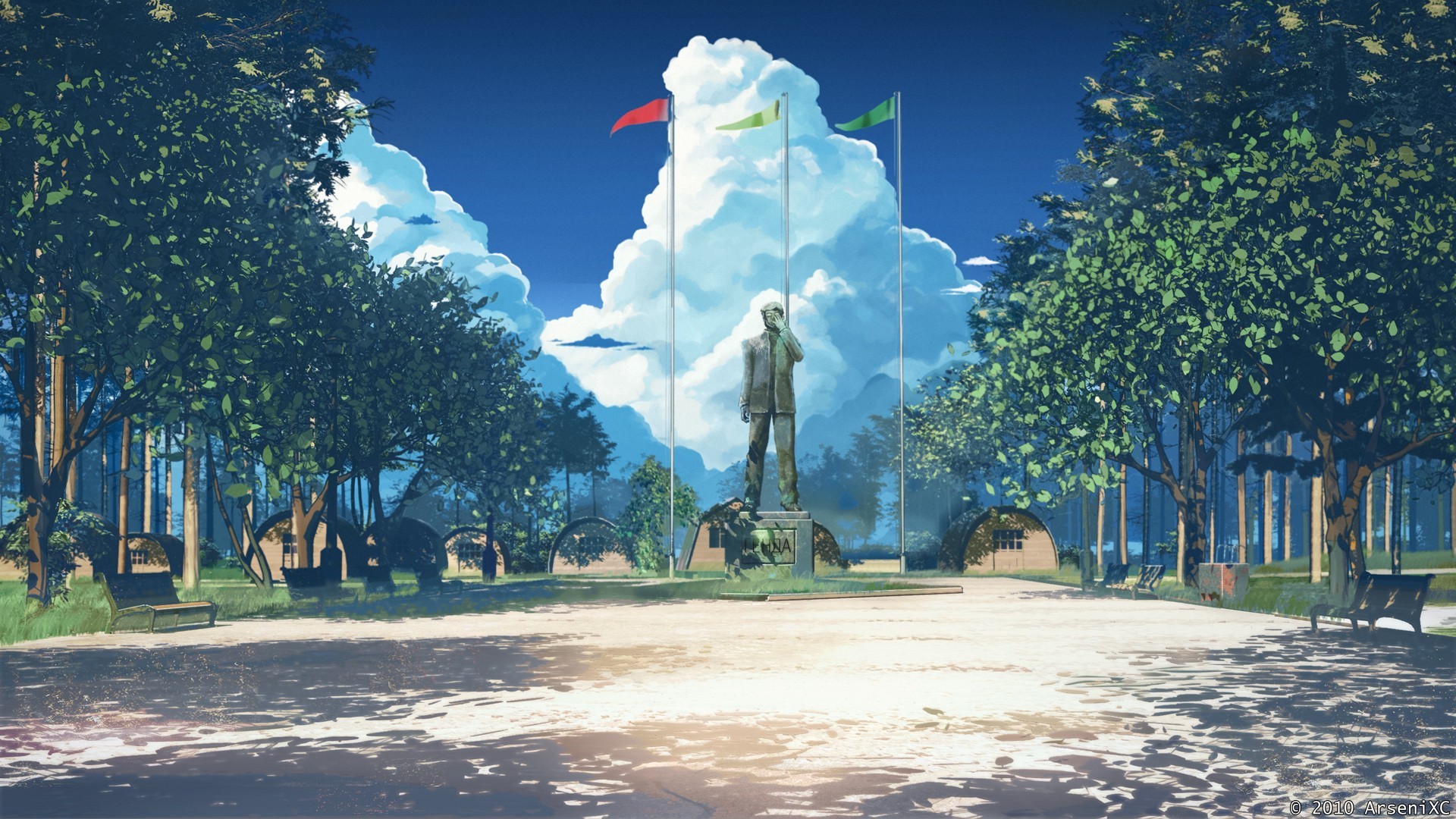 Wallpaper, sunlight, landscape, anime, park, clouds, blue, flag, bench, statue, ArseniXC, Everlasting Summer, Soviet Games everlasting Summer, tree 1920x1080