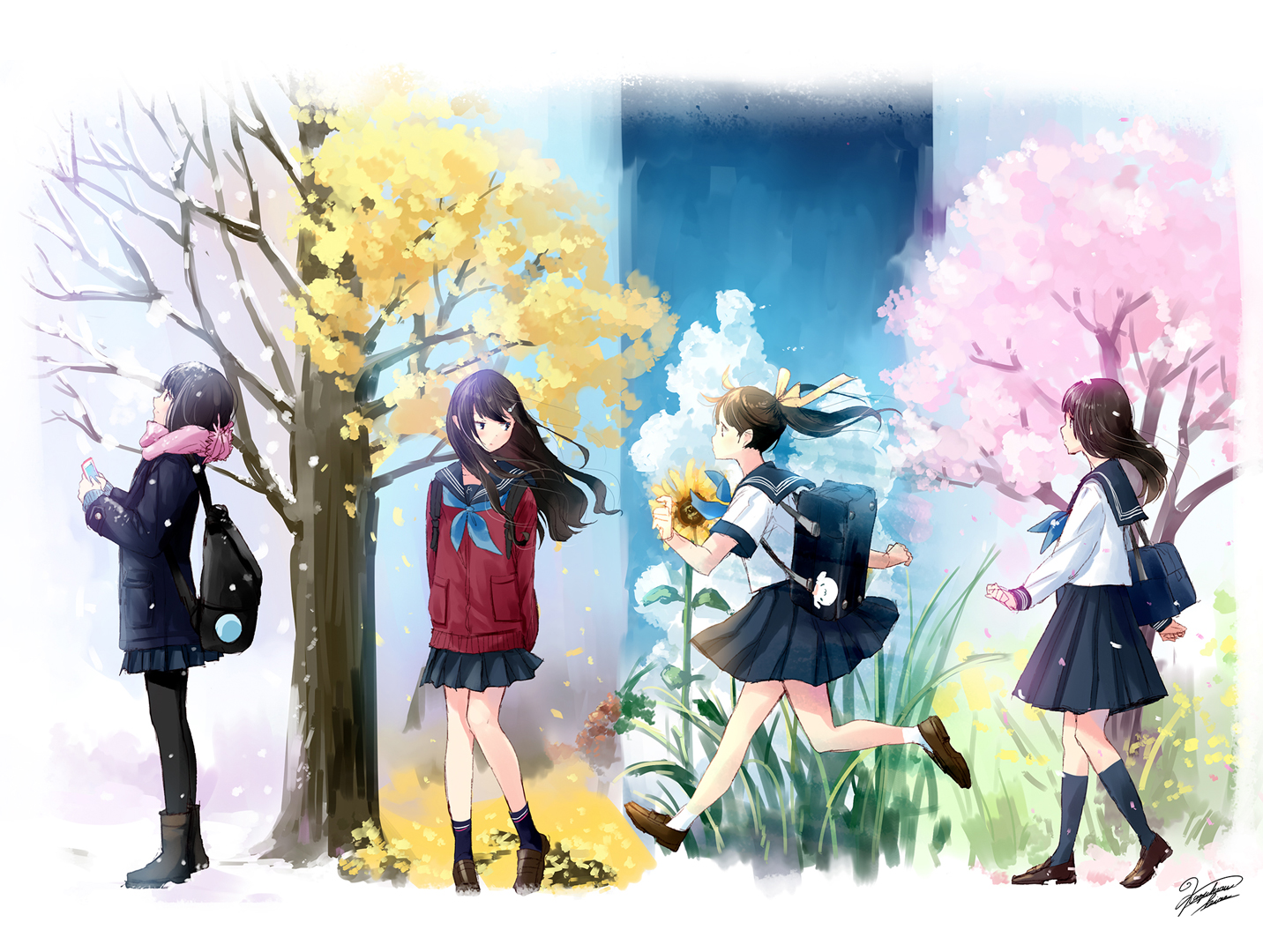 autumn black hair cherry blossoms flowers kazuharu kina kneehighs long hair original pantyhose school uniform signed skirt spring summer tree winter. konachan.com.com Anime Wallpaper