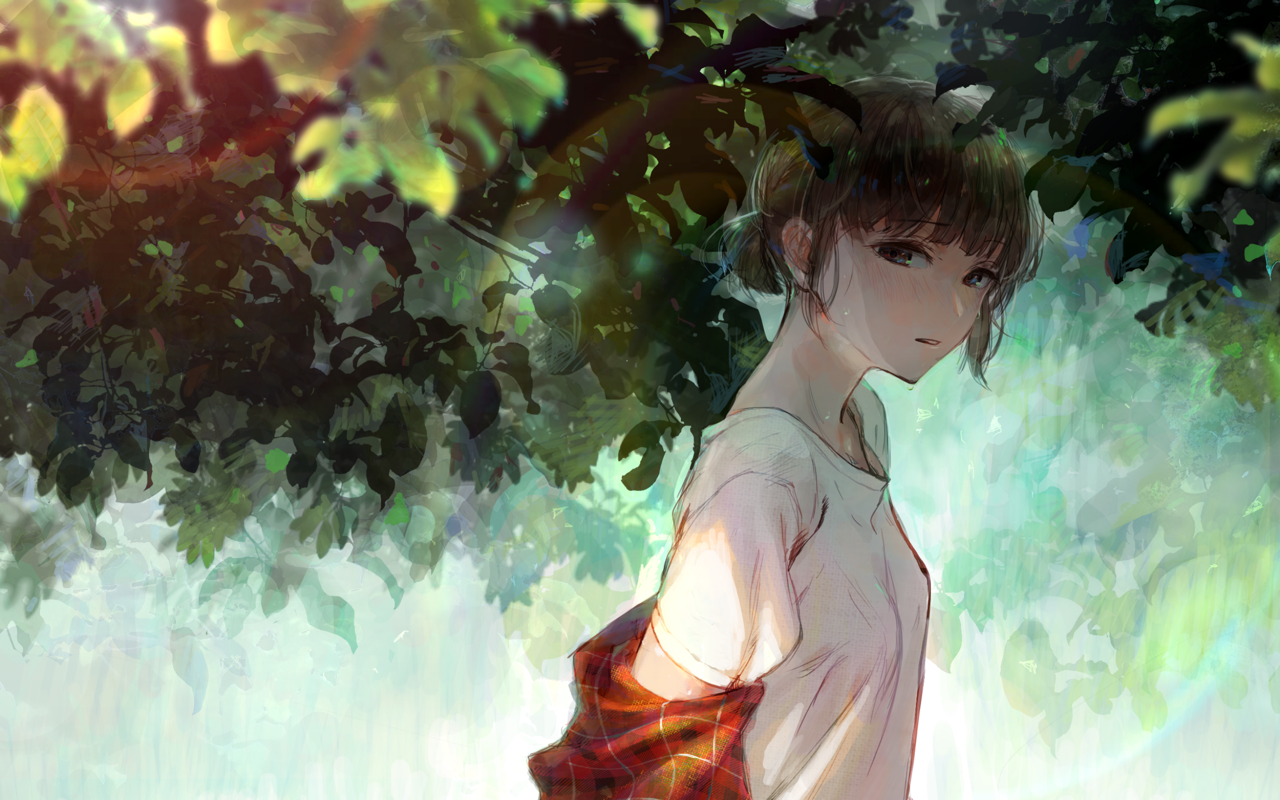 Download 2560x1600 Anime Girl, Leaves, Tree, Summer, Short Hair Wallpaper for MacBook Pro 13 inch