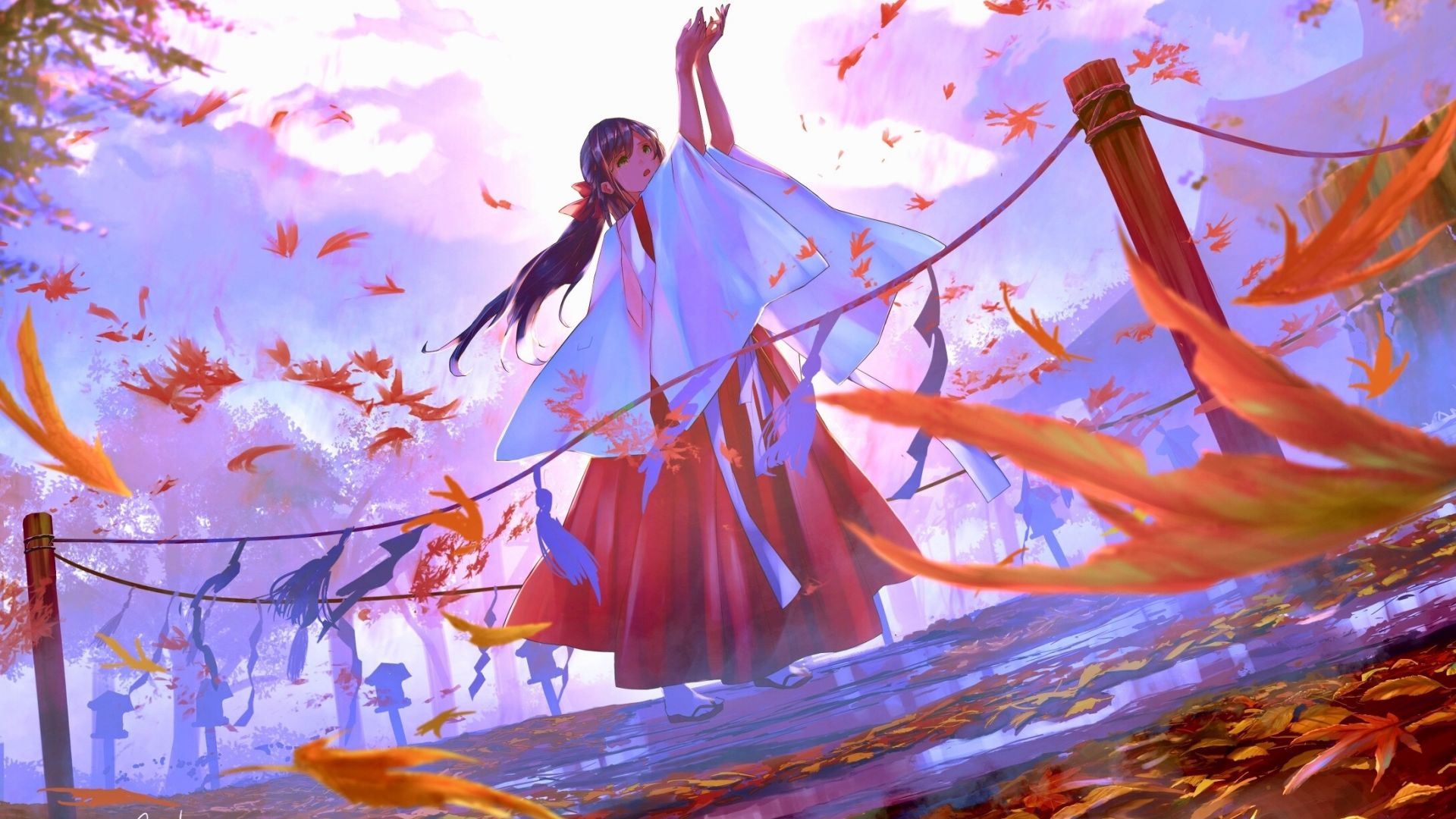 Desktop wallpaper autumn, leaves, beautiful anime girl, original, HD image, picture, background, 53b2a0