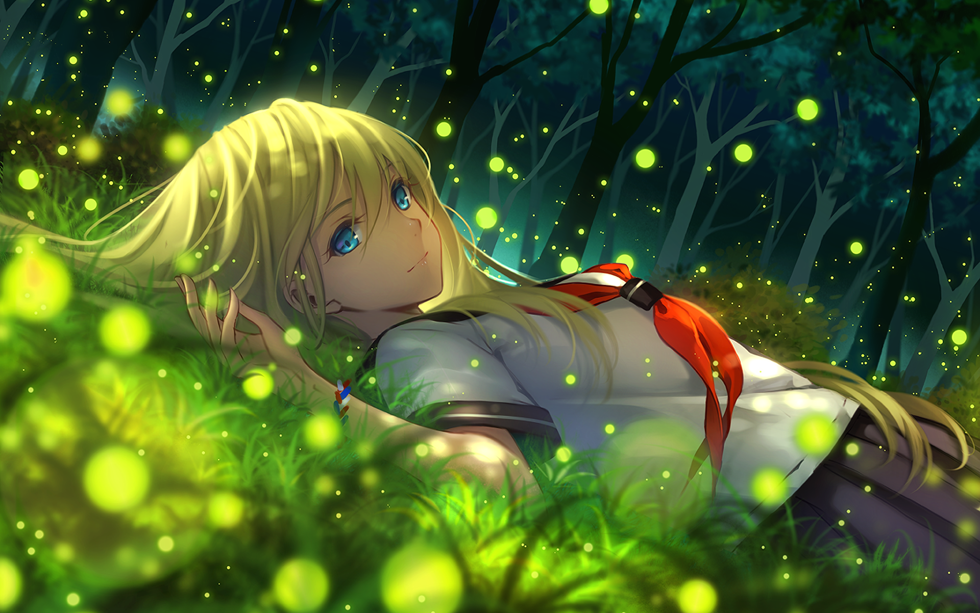 #artwork, #grass, #anime, #trees, #school uniform, #anime girls, #blue eyes, #blonde, #Everlasting Summer, wallpaper HD Wallpaper
