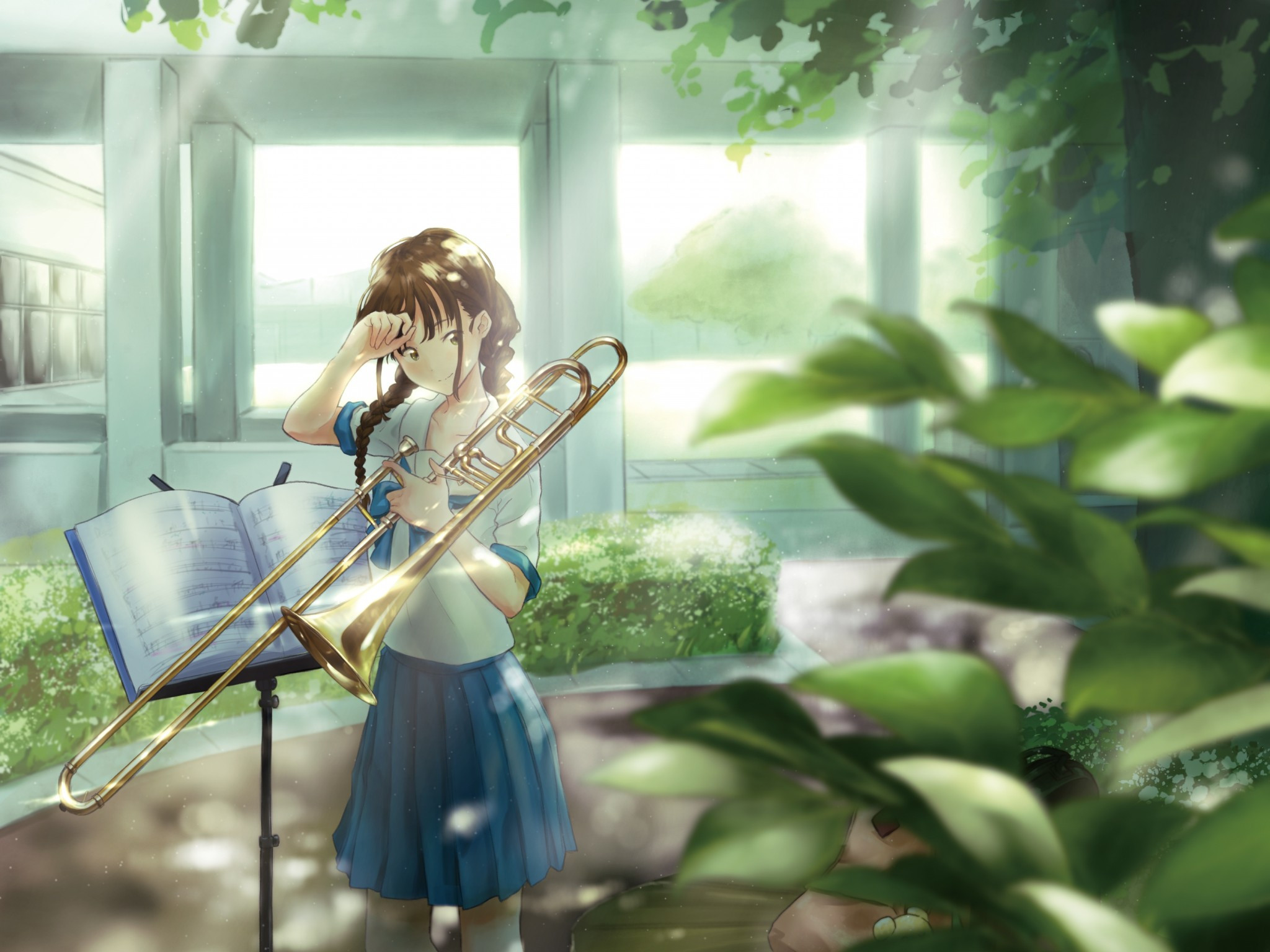 Download 2048x1536 Anime Girl, Trumpet, School, Sunbeam, Tree, Summer Wallpaper for Ainol Novo 9 Spark