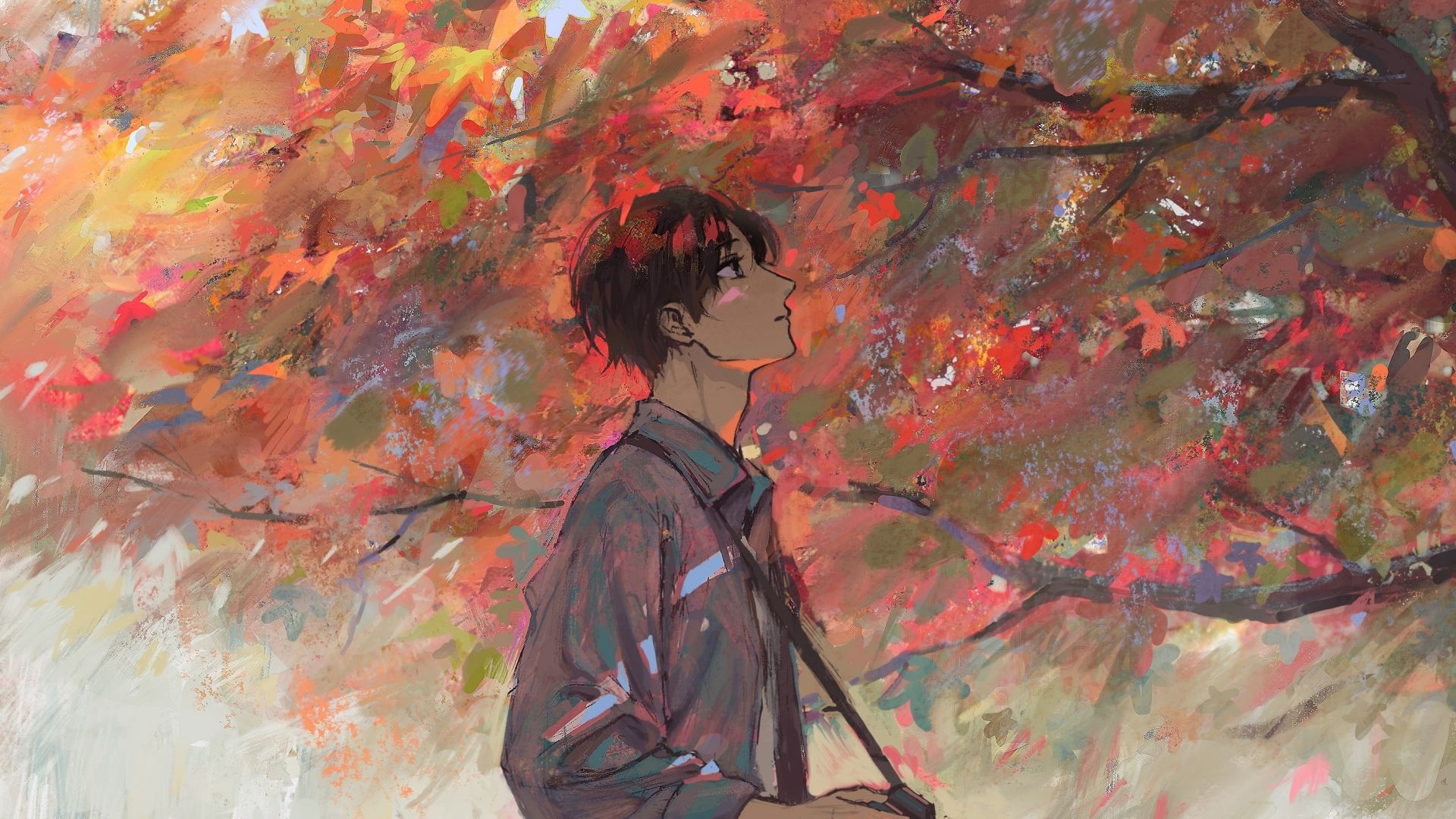 Anime boy, autumn, tree, artwork wallpaper, HD image, picture, background, 6c12f3