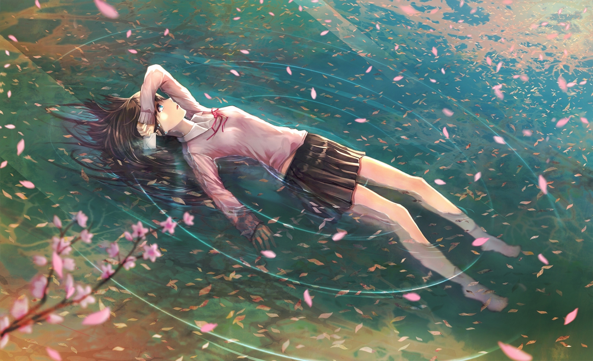 Wallpaper, sunlight, anime girls, water, nature, sky, branch, school uniform, underwater, cherry blossom, summer, floating, vacation, tree, leaf, girl, beauty, leisure, fun, computer wallpaper, organism, anime, 1920x1168 px, cg artwork