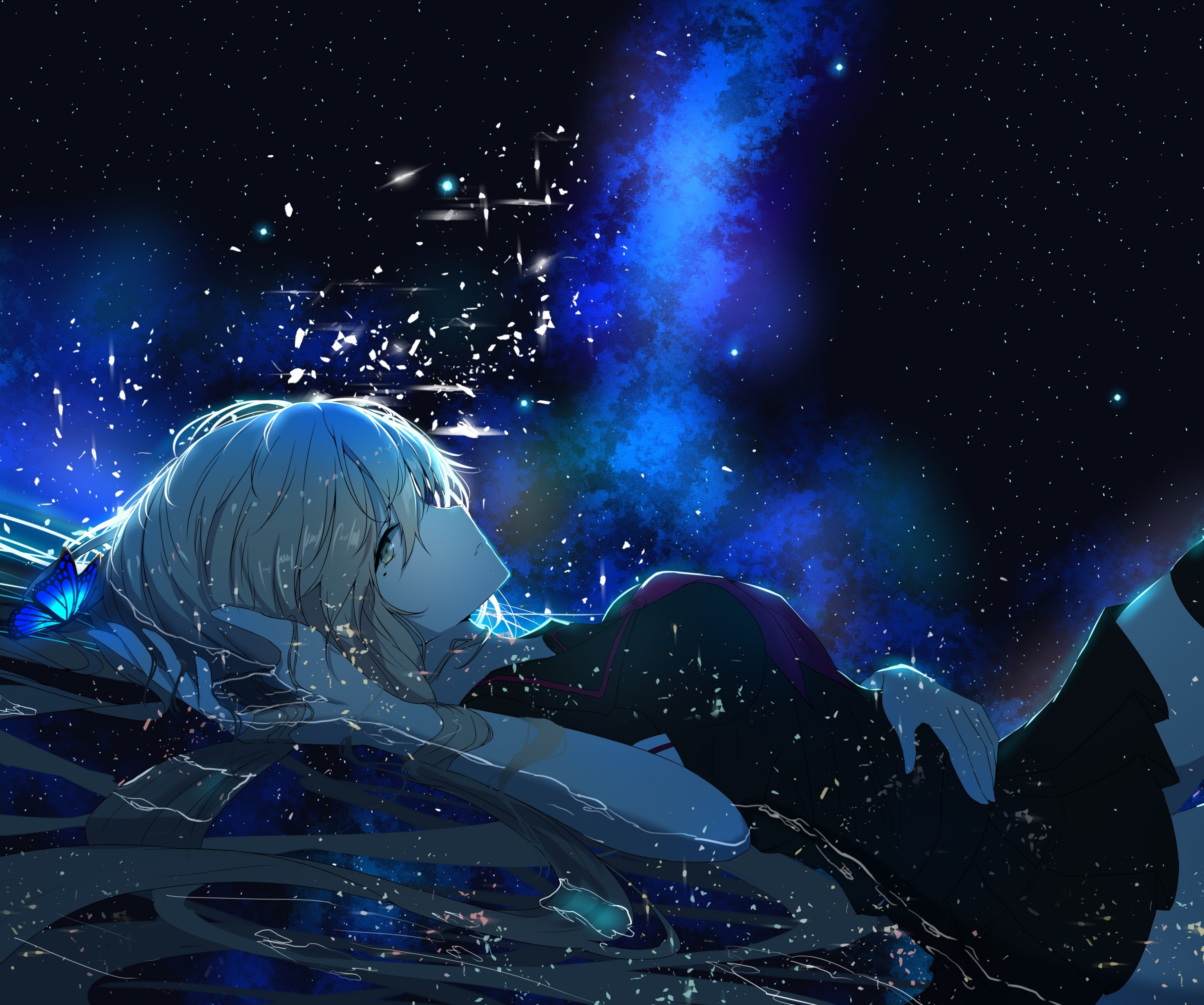 Download 2947x2460 Anime Girl, Lying Down, Butterfly, Profile View, Stars Wallpaper