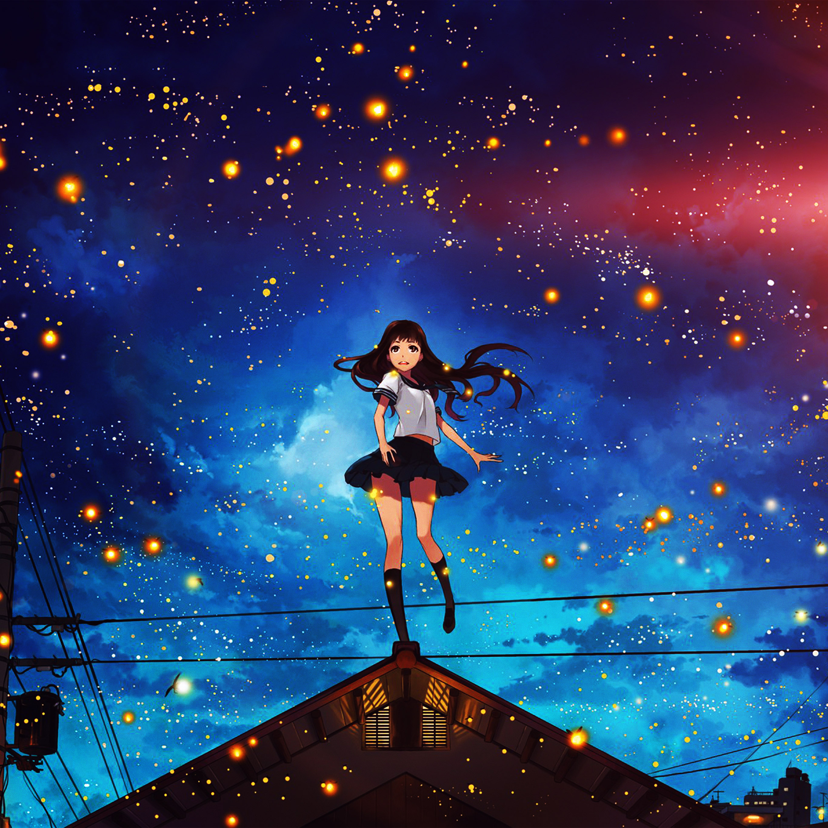 Girl Anime Star Space Night Illustration Art Flare Wallpaper