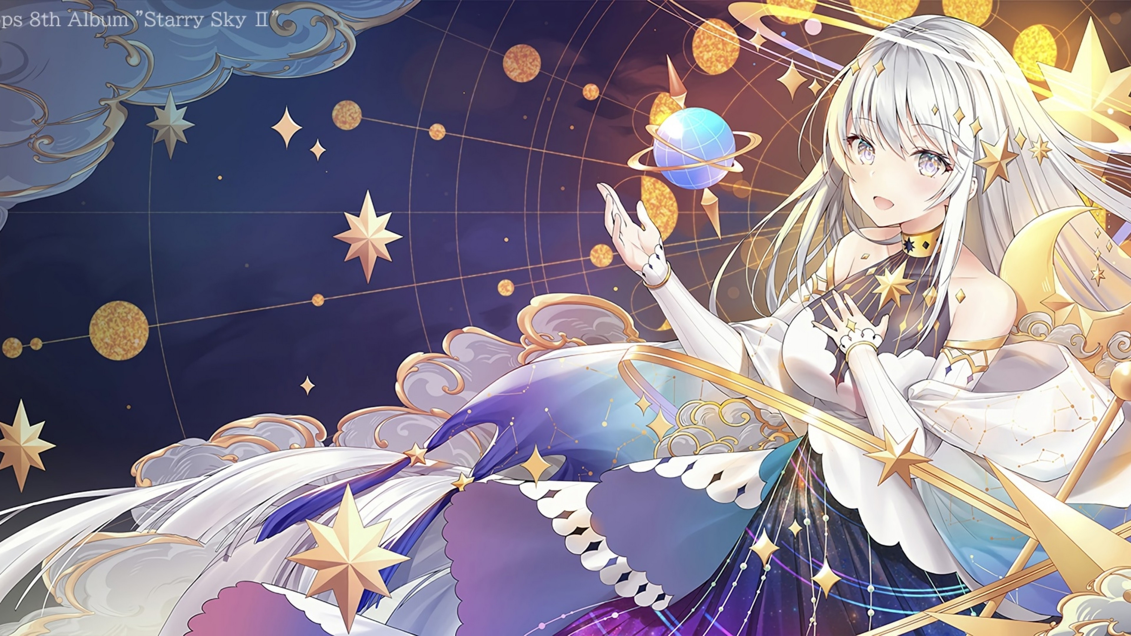 Download 3840x2160 Pretty Anime Girl, Stars, Crescent, Galaxy, Moon Wallpaper for UHD TV