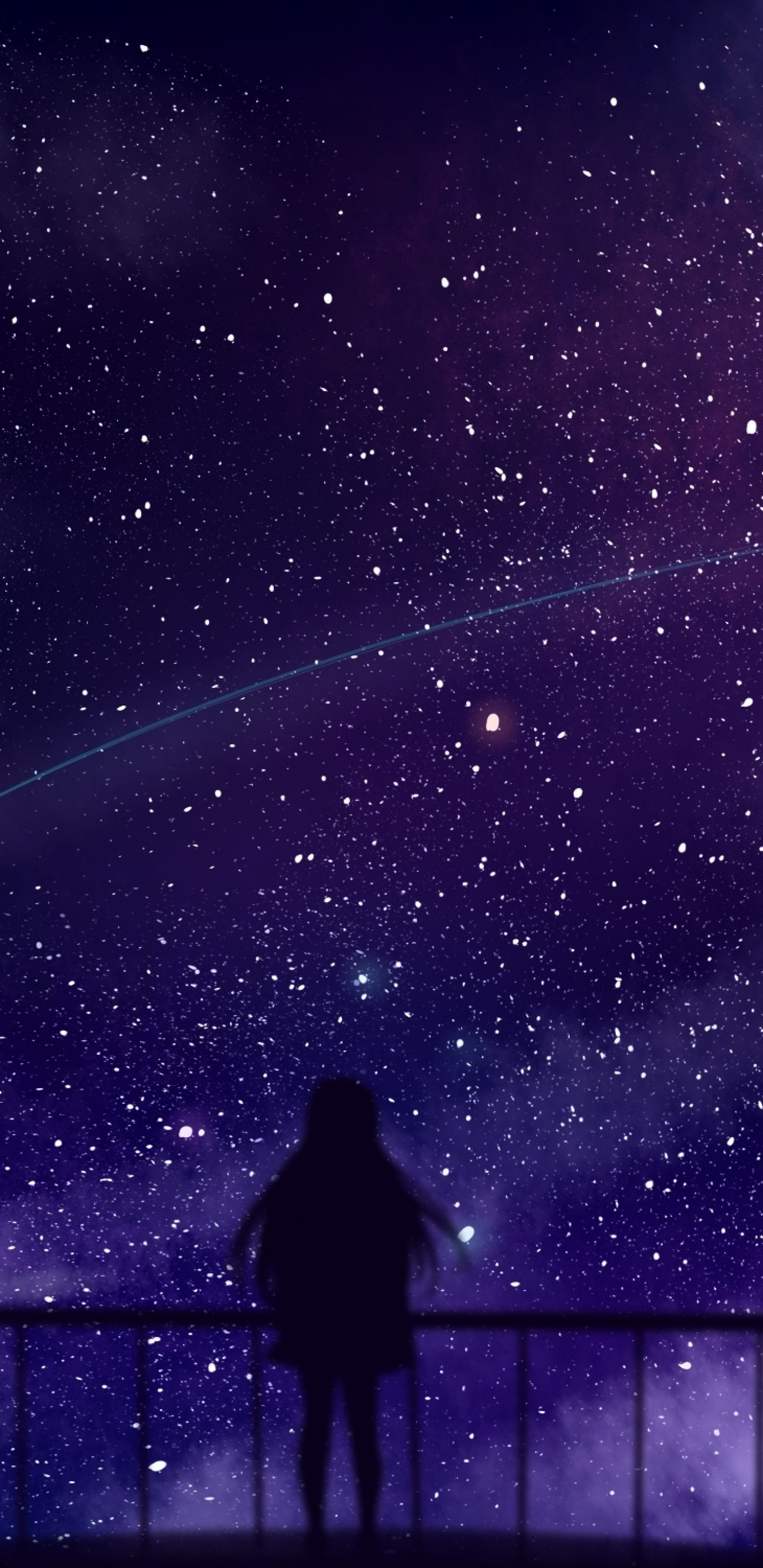 Download 1440x2960 Anime Girl, Silhouette, Stars, Falling Star, Clouds Wallpaper for Samsung Galaxy S Note S S8+, Google Pixel 3 XL