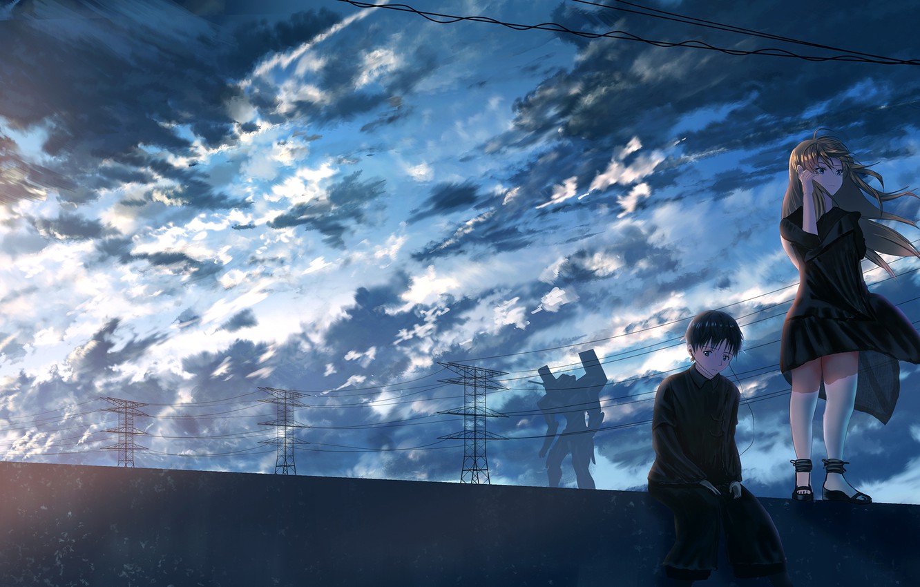 Wallpaper the sky, girl, guy, neon genesis evangelion, Asuka Langley Sohryu, shinji ikari image for desktop, section арт