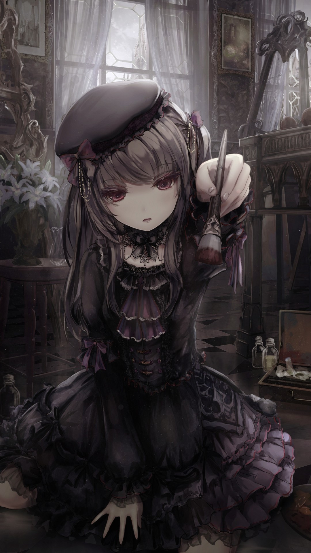 Download 1080x1920 Gothic Anime Girl, Lolita, Dress, Brush Wallpaper for iPhone 8, iPhone 7 Plus, iPhone 6+, Sony Xperia Z, HTC One
