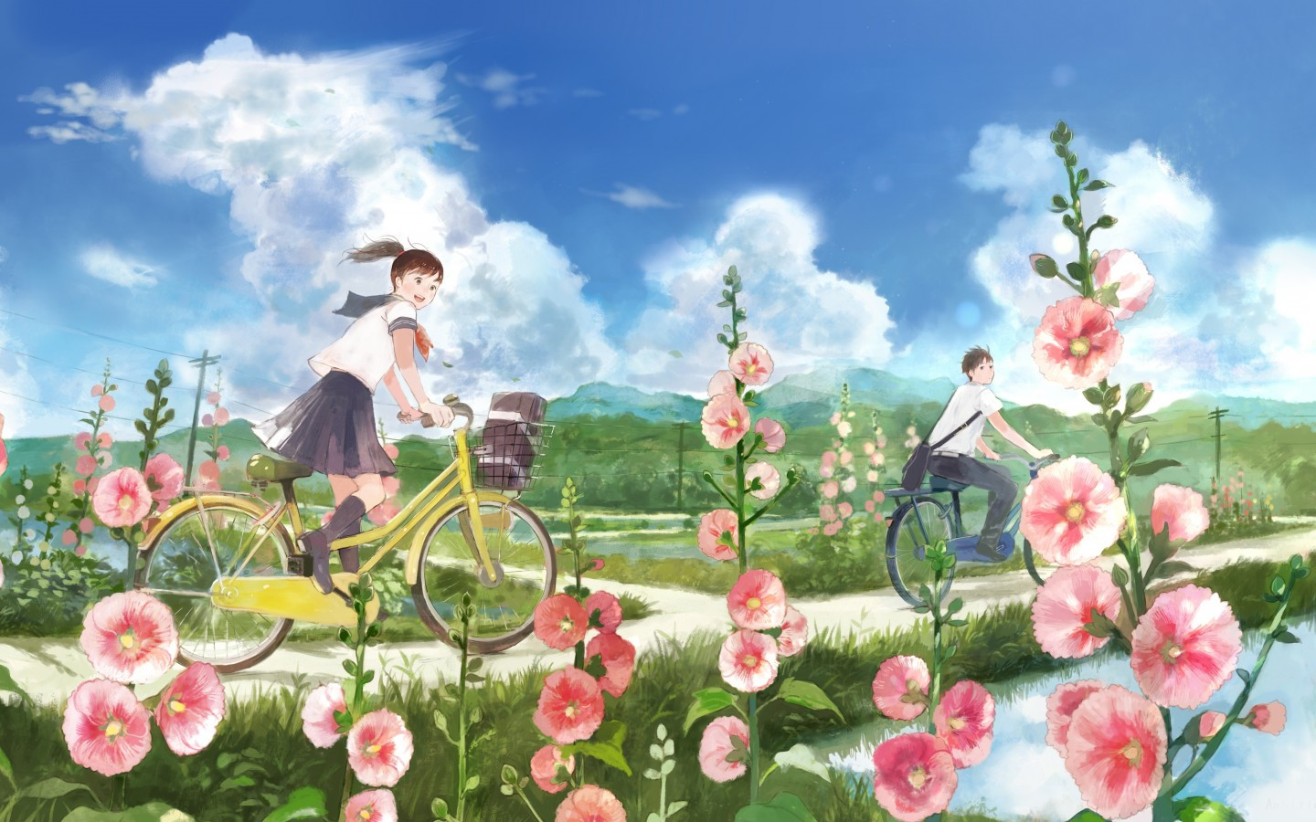Download 1440x900 Anime Couple, Summer, Biking, School Uniform, Flowers, Clouds, Scenic, Landscape Wallpaper for MacBook Pro 15 inch, MacBook Air 13 inch