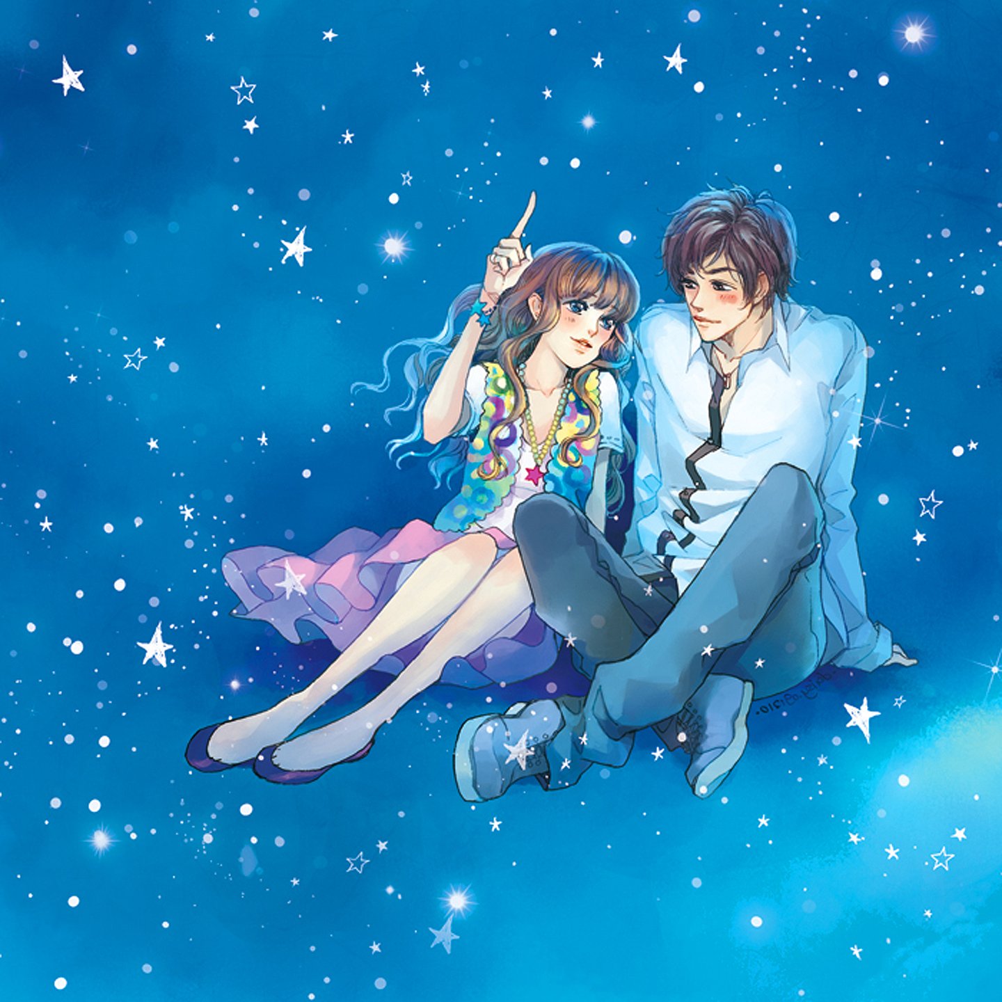 1440x1440 anime, beautiful, blue, boy, couple, eyes, girl, hair, long, love, magic, original, romantic, sky, stars, summer