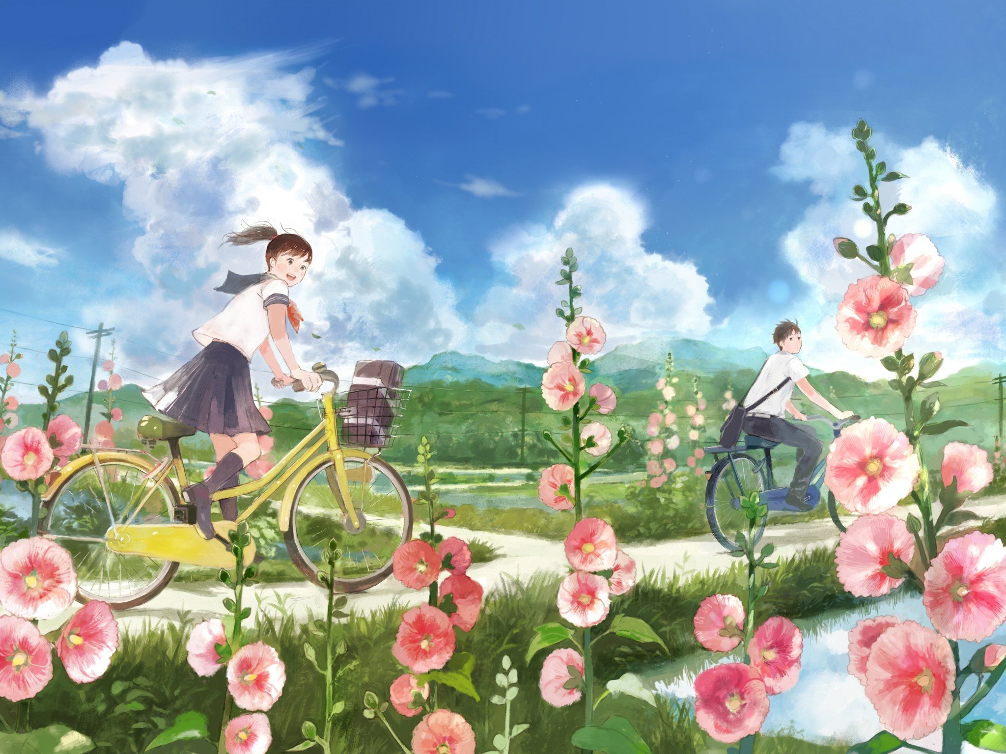 Download 2048x1536 Anime Couple, Summer, Biking, School Uniform, Flowers, Clouds, Scenic, Landscape Wallpaper for Ainol Novo 9 Spark