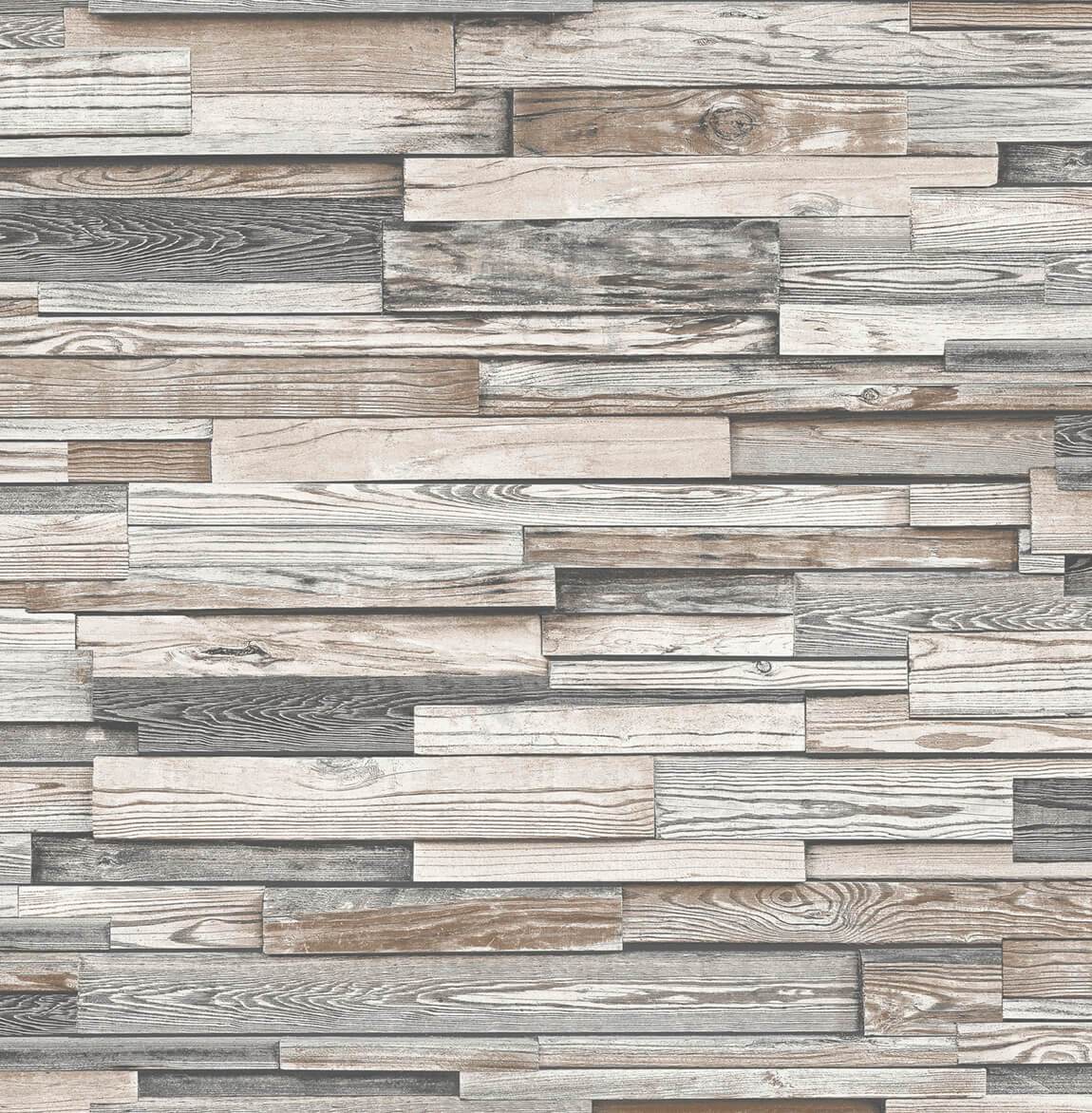 Reclaimed Wood Plank Peel And Stick Wallpaper In Light Grey And Brown