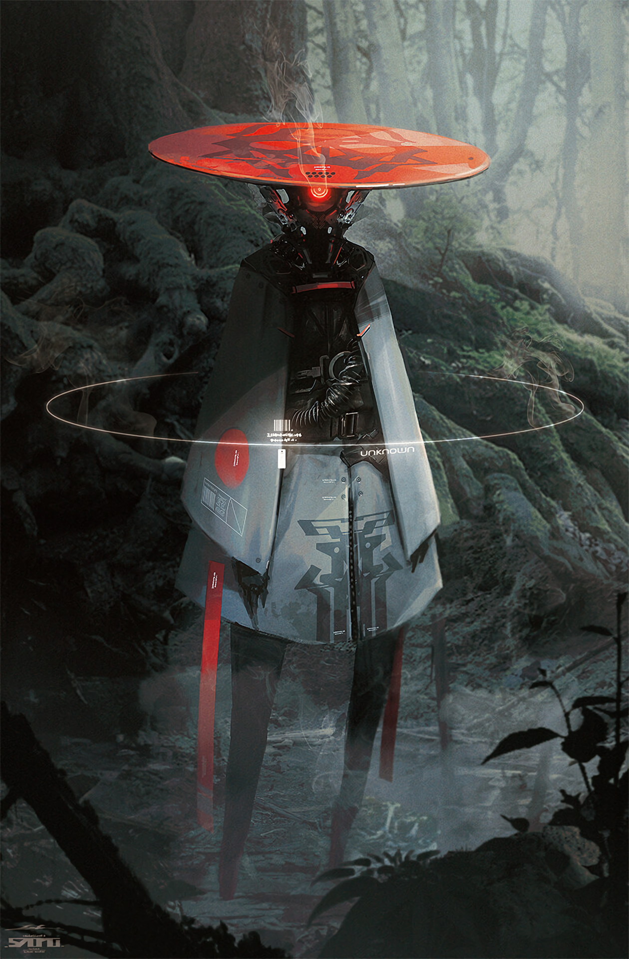 Wallpaper, character design, science fiction, robot, samurai, smoke, forest, digital art, trees 1260x1920