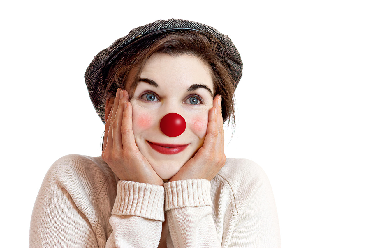 image Makeup clowns Nose young woman Hands White background