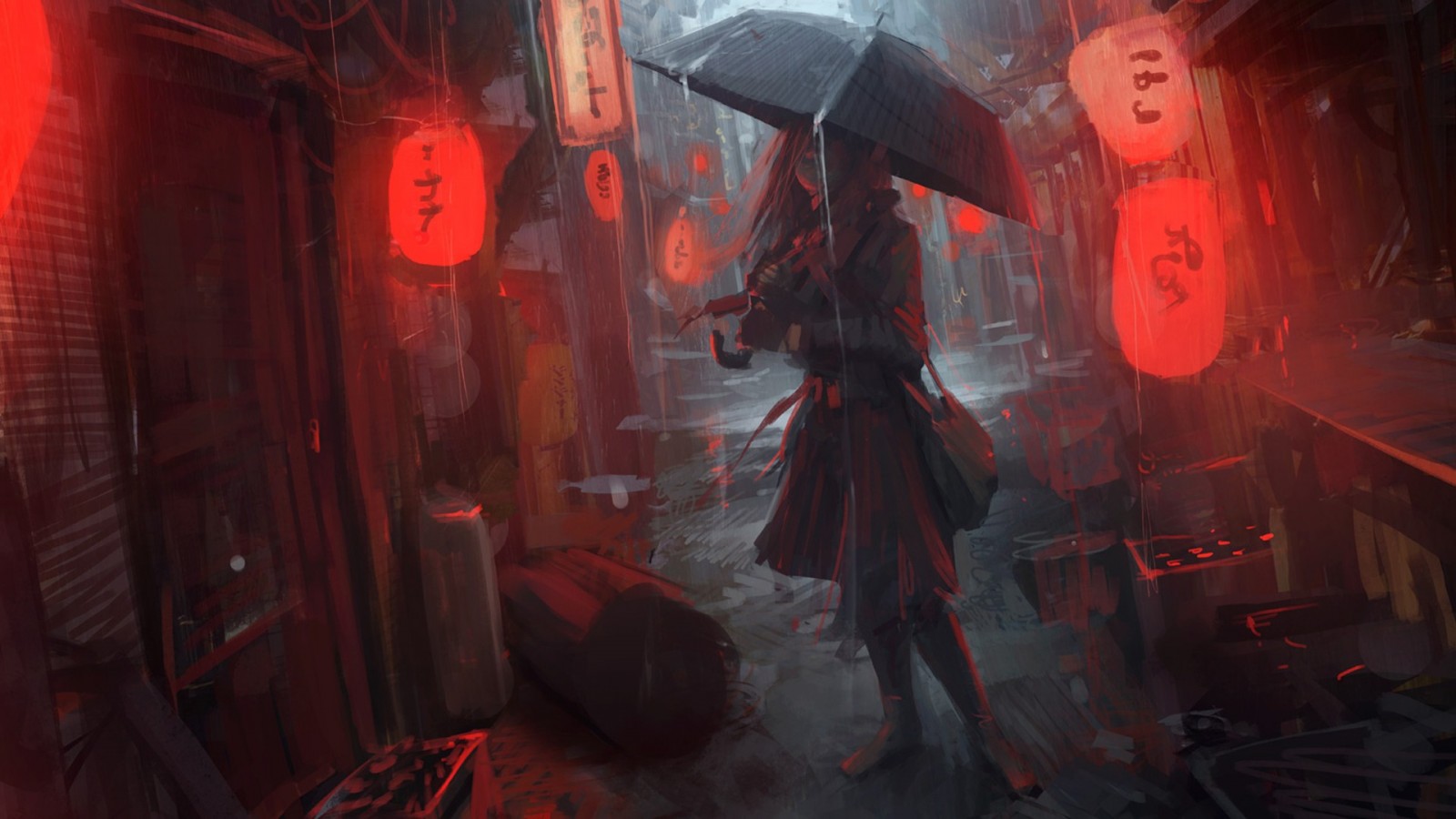 women, anime girls, red, artwork, umbrella, lantern, Japanese, midnight, Oldboy, darkness, screenshot, computer wallpaper, pc game High quality walls