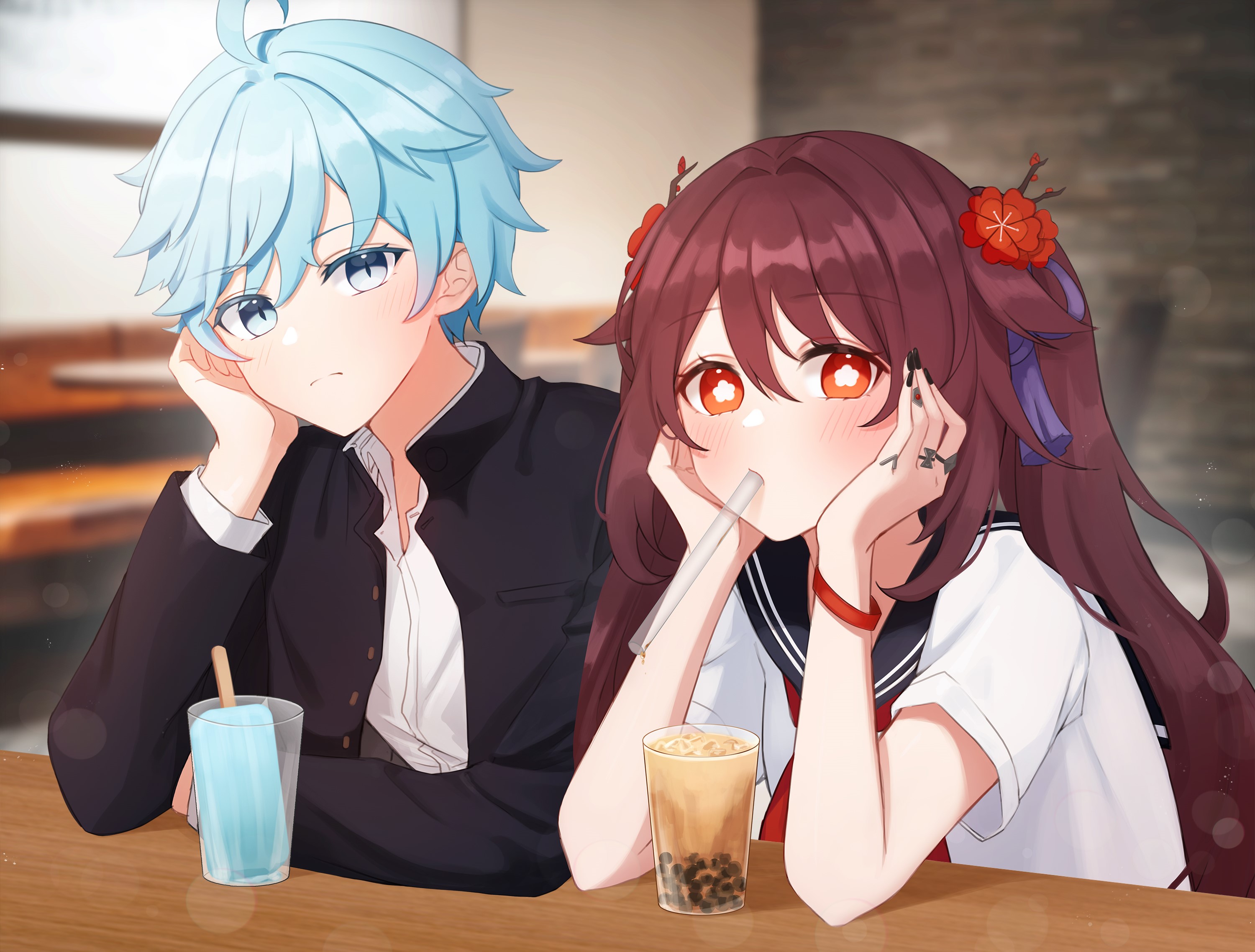 Genshin Impact Anime Girls Hutao Genshin Impact Chongyun Genshin Impact School Uniform Anime Boys Wallpaper:3000x2276