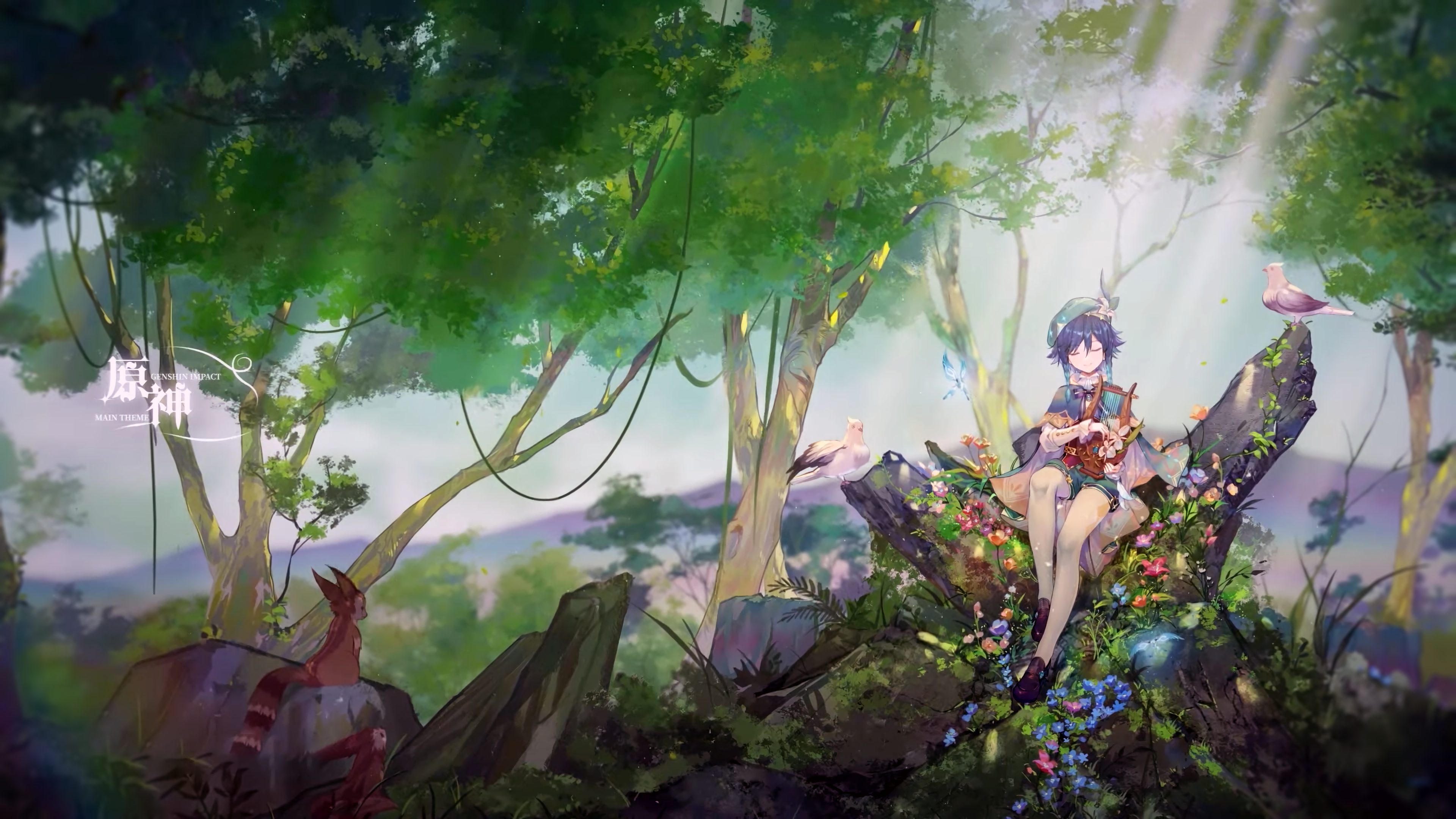 Wallpaper, Genshin Impact, Venti Genshin Impact, bard, fantasy art, nature, anime boys 3840x2160