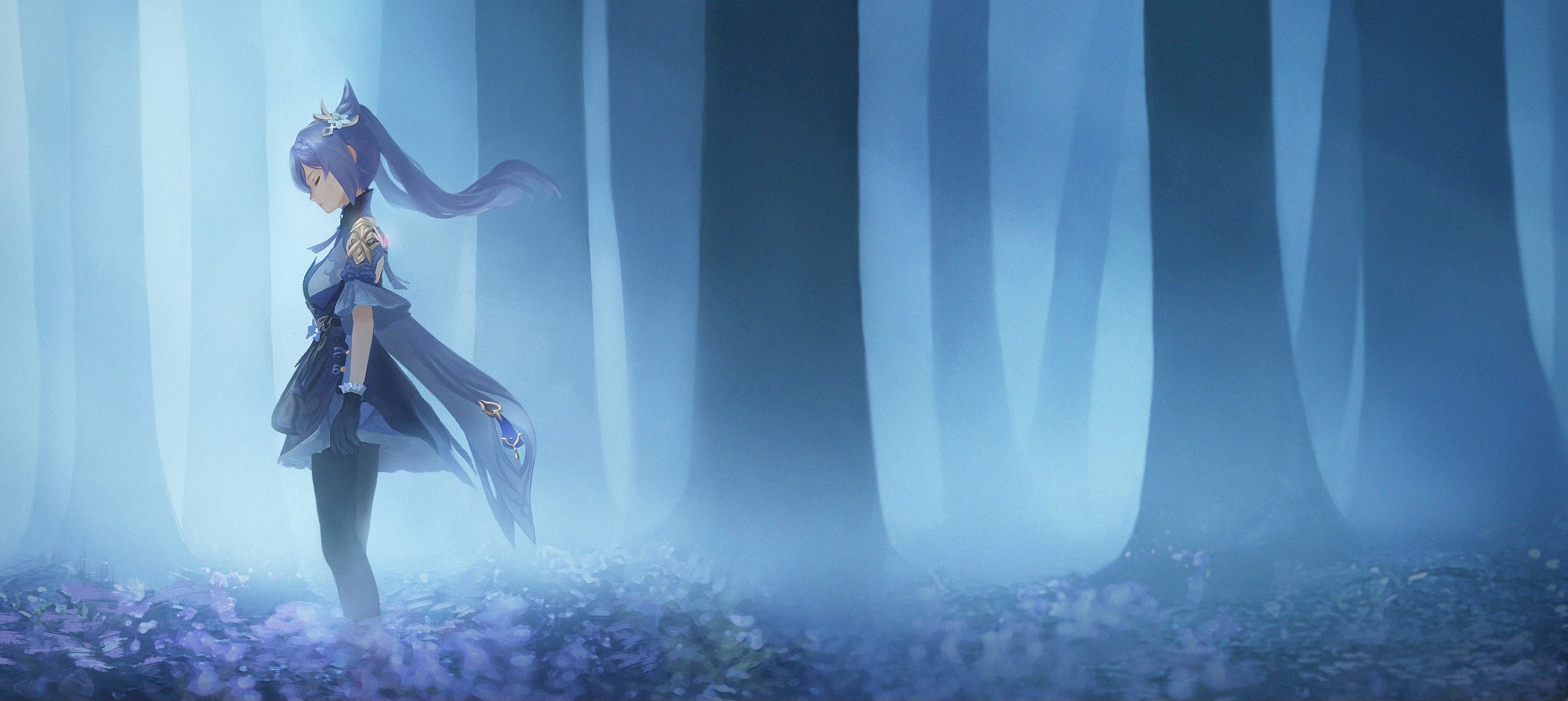 Wallpaper, anime girls, game characters, fictional characters, Genshin Impact, keqing genshin impact, artwork, digital, forest 3320x1485