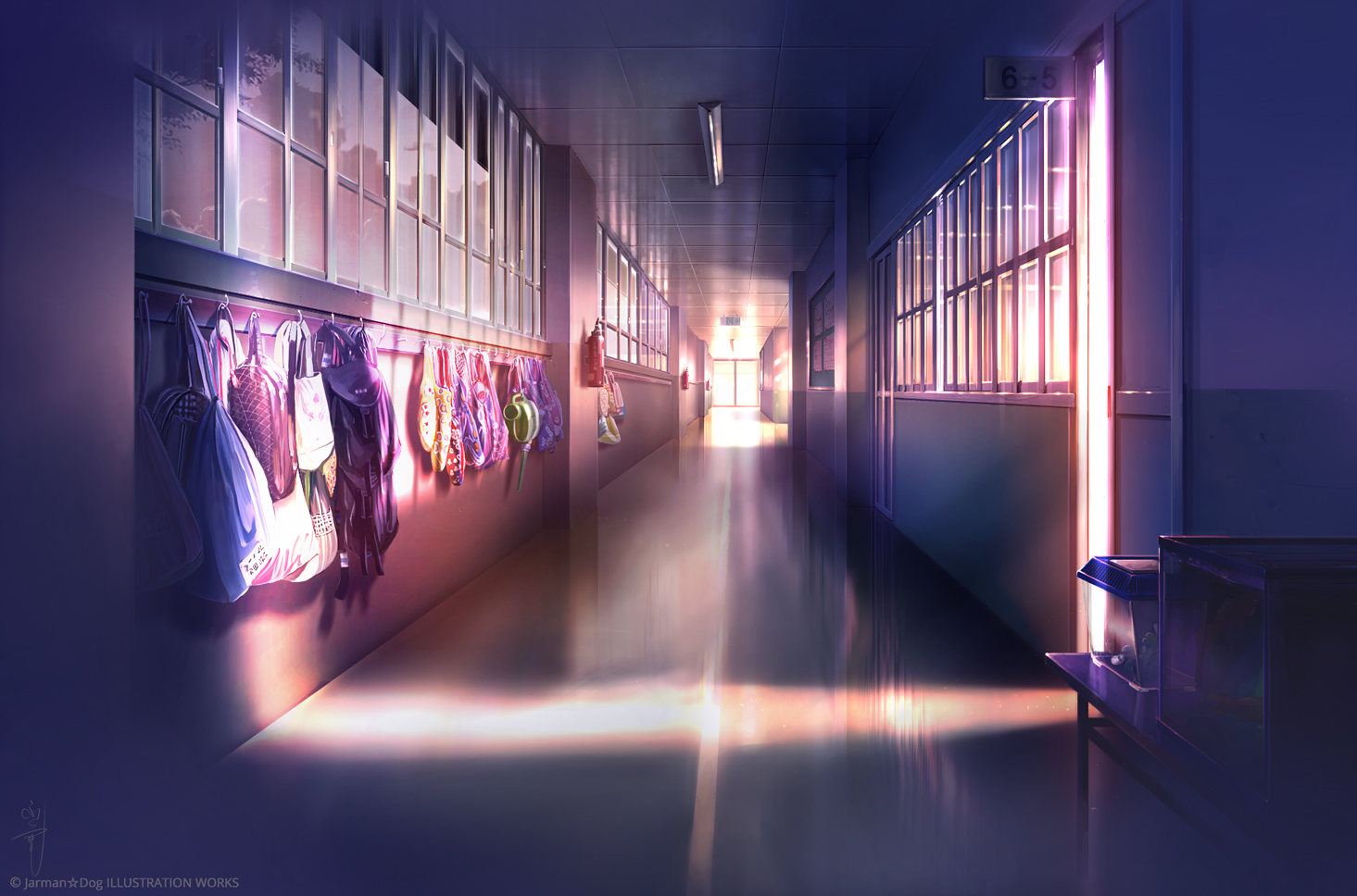 Wallpaper, digital art, artwork, interior, school, bag, empty, hallway, sunlight, room 1465x968