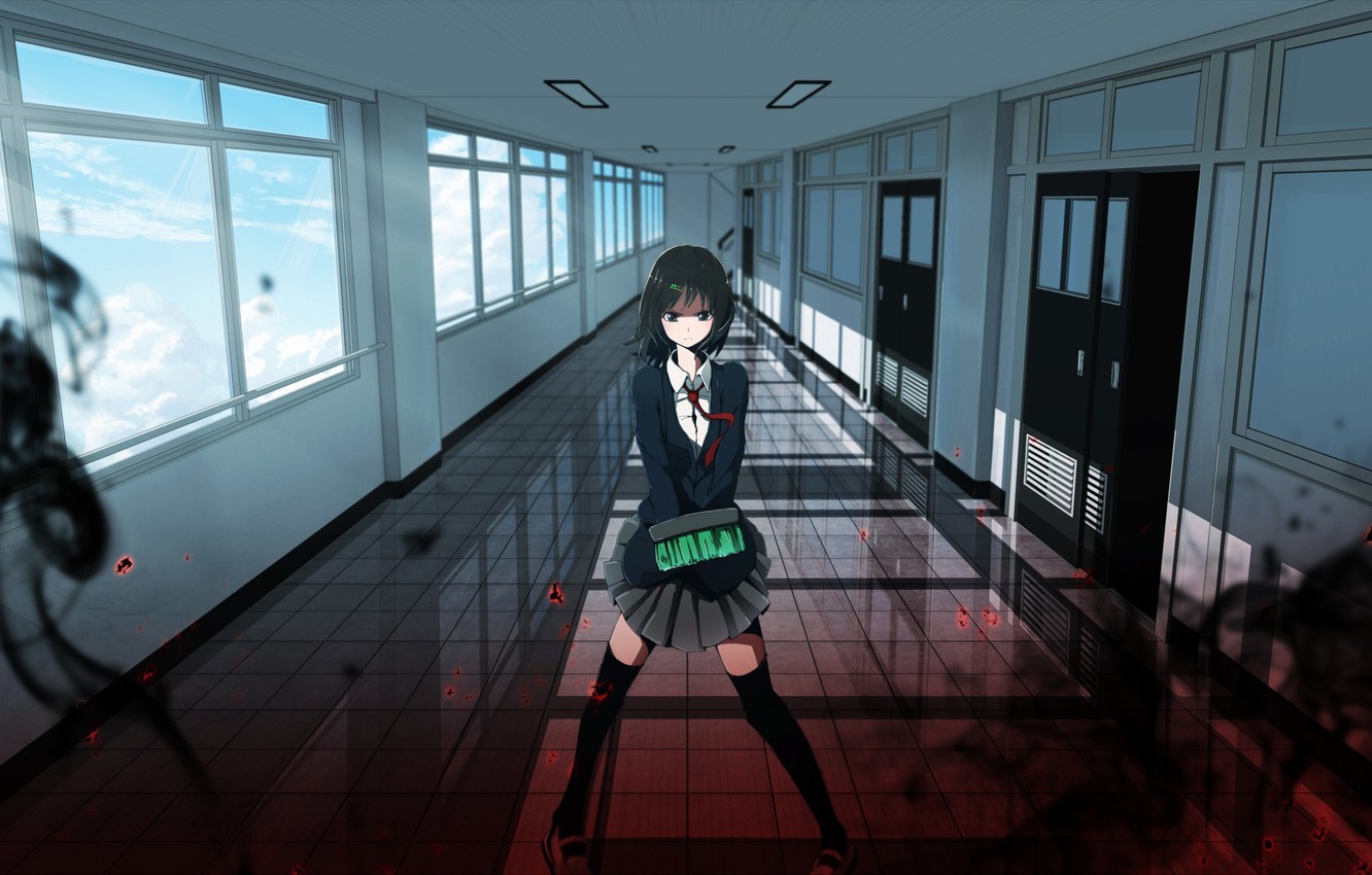 Wallpaper Anime, girls, black hair, indoors, black eyes, brooms, tie., school uniforms, hallway image for desktop, section прочее