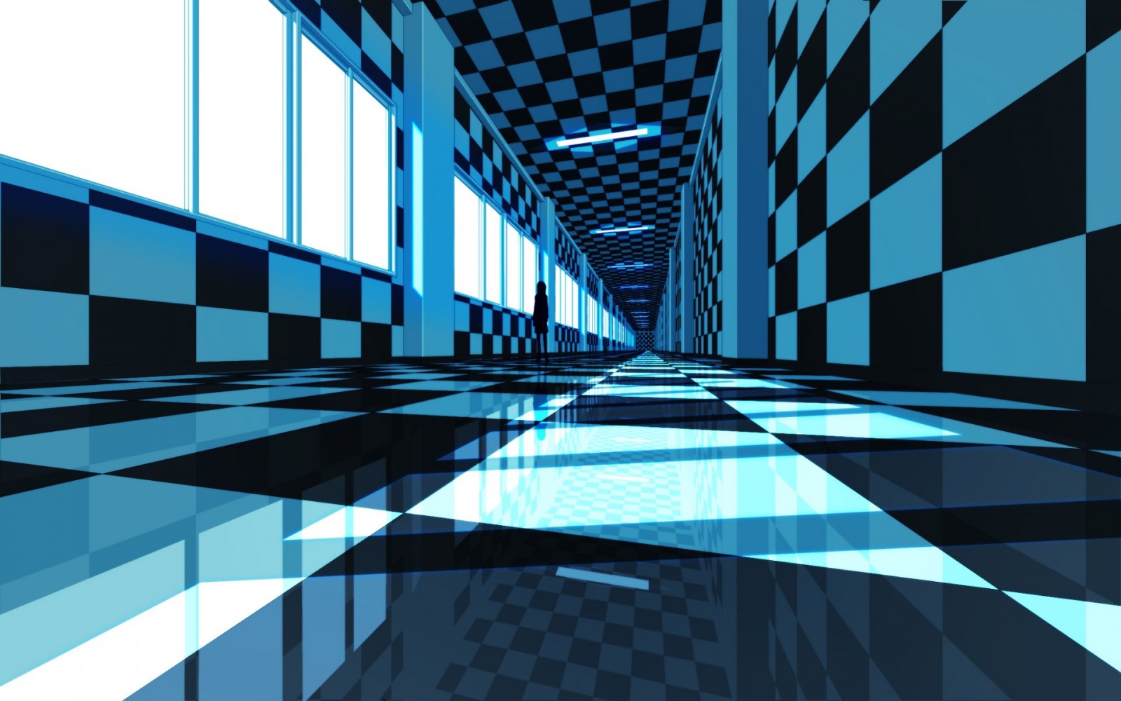 Monogatari Series, anime, reflection, CGI, hallway, symmetry, skyscraper, school, Black Rock Shooter, tunnel, checkered, brand, metropolis, shape, design, line, screenshot, computer wallpaper. Mocah HD Wallpaper