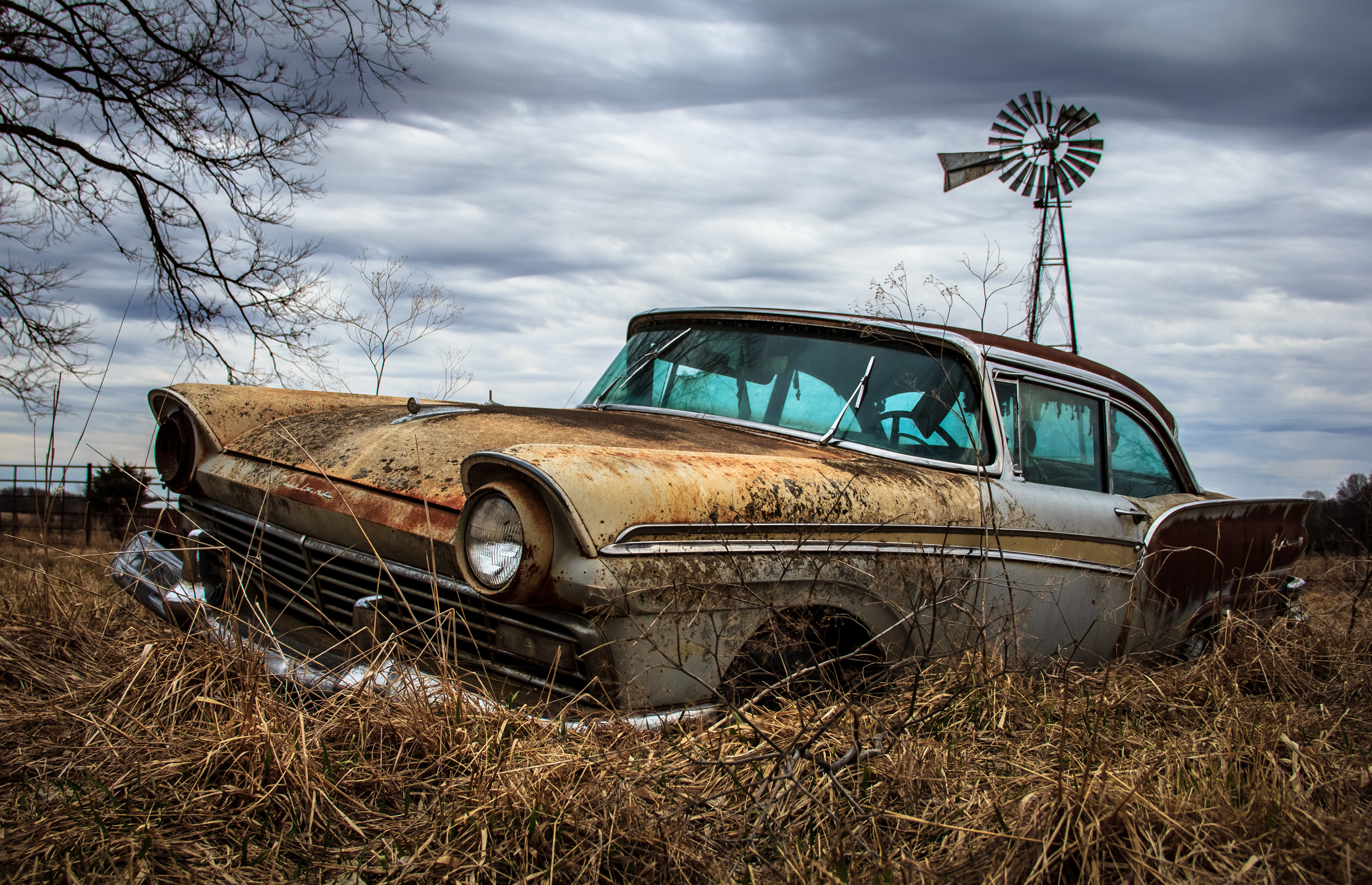 Wallpaper, galaxy, abandoned, windmill, Ford, decay, Vintage car, rural, rusty, missouri, classic, land vehicle, automotive design, automobile make, luxury vehicle, motor vehicle, antique car 4856x3132