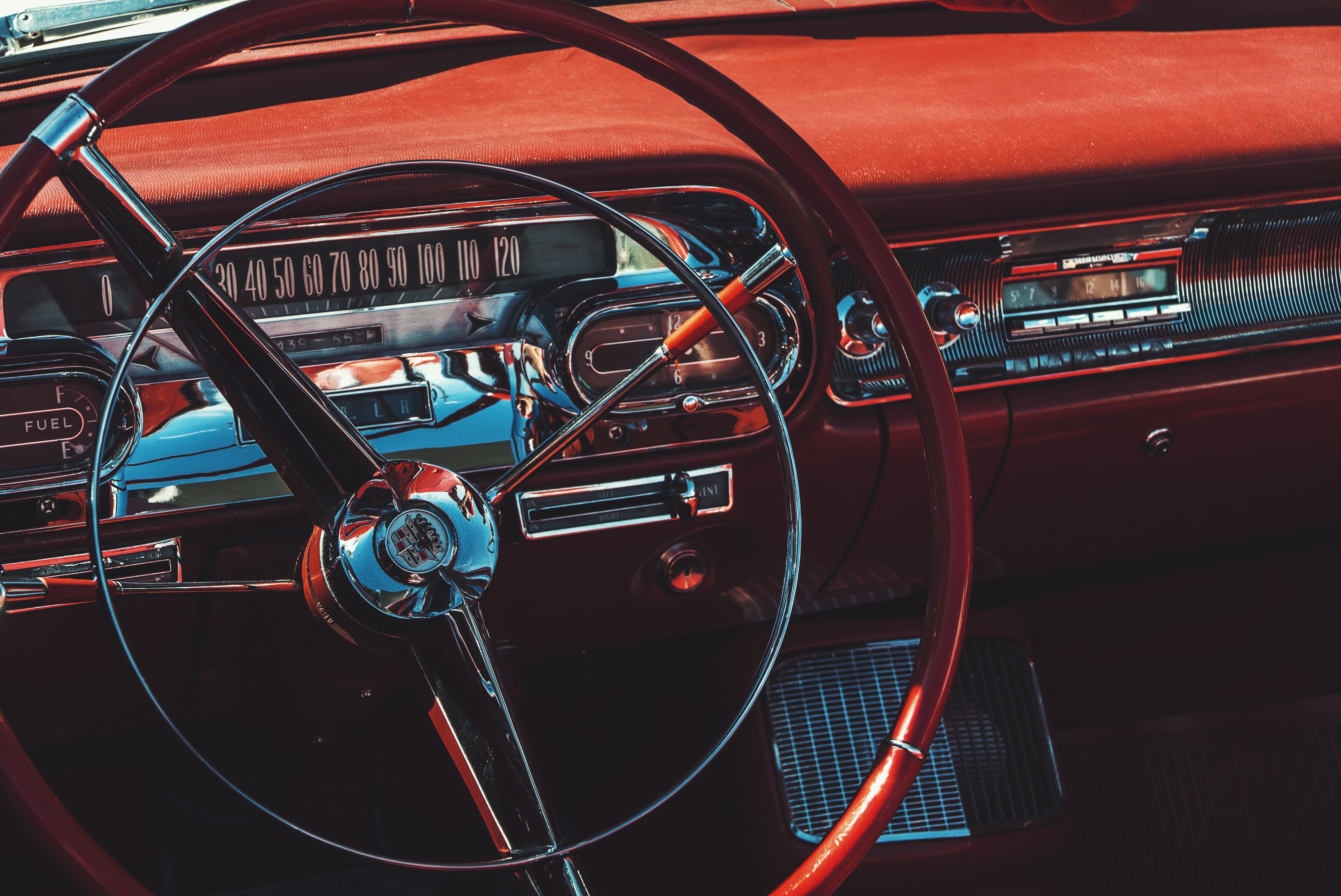 4272x2856 #interior, #car, #dashboard, #steering wheel, #cadillac, #automobile, , #transport, , #classic, #rockabilly, #vehicle, #Creative Commons image, #transportation, #red, #vintage, #classic car, #wheel, #old school, #oldtimer