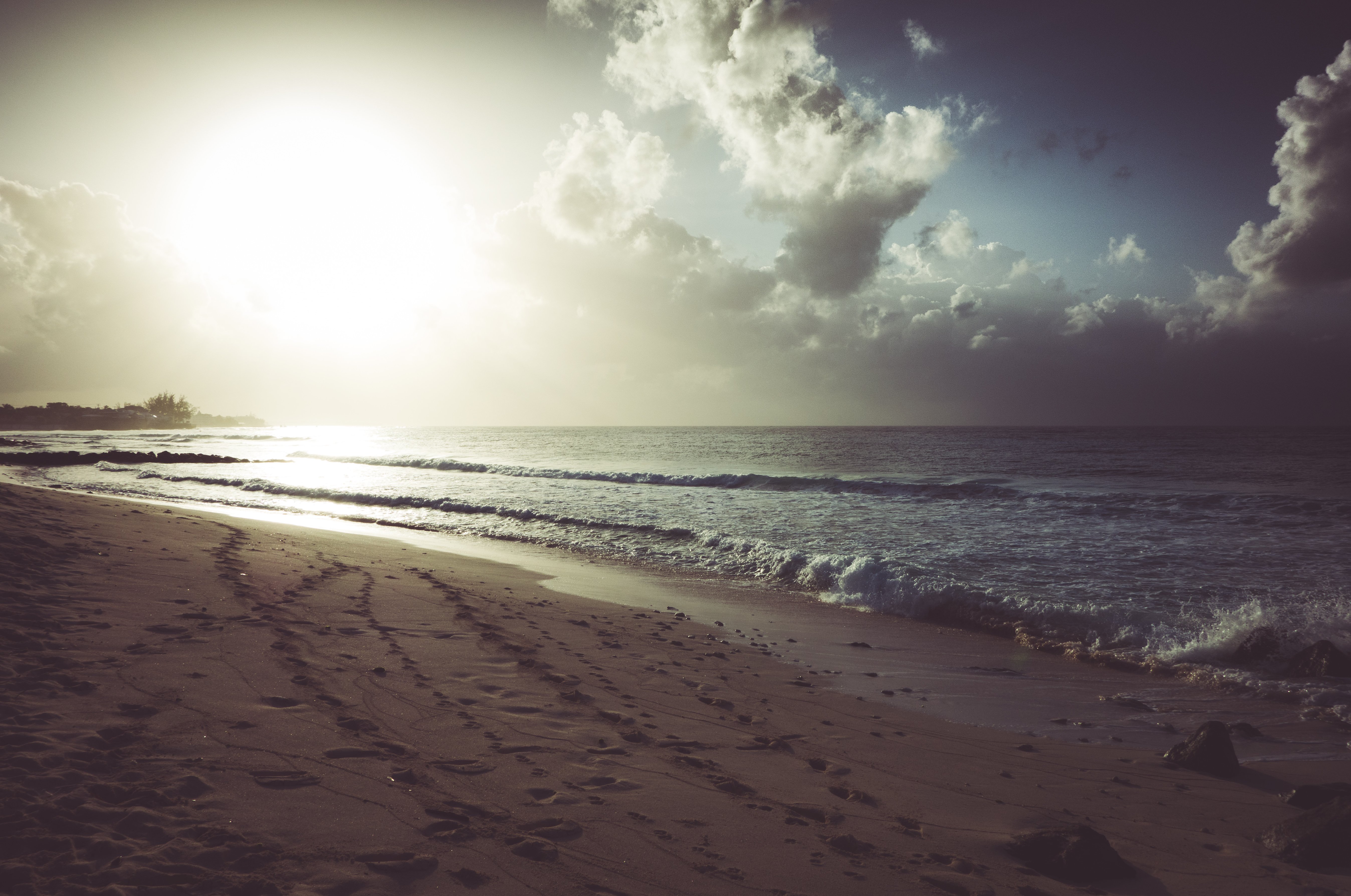 Wallpaper, ocean, Sun, beach, clouds, evening, sand, faded, Barbados, footsteps 5391x3579