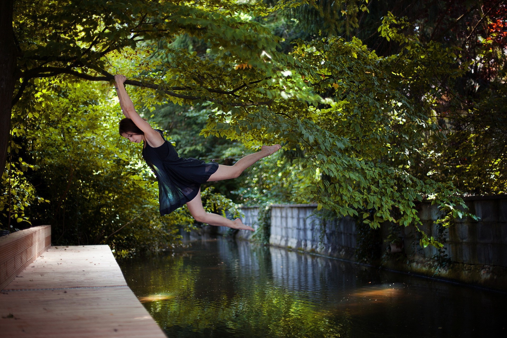 women, Model, Barefoot, Trees, Jumping, Canal Wallpaper HD / Desktop and Mobile Background