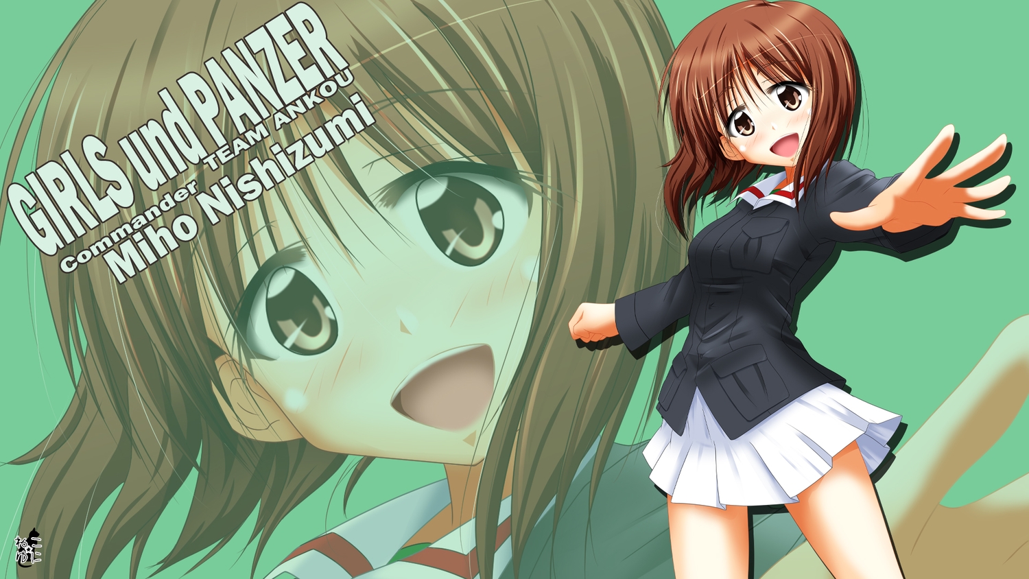blush brown eyes brown hair girls und panzer momokuri ouka nishizumi miho school uniform short hair skirt zoom layer. konachan.com.com Anime Wallpaper