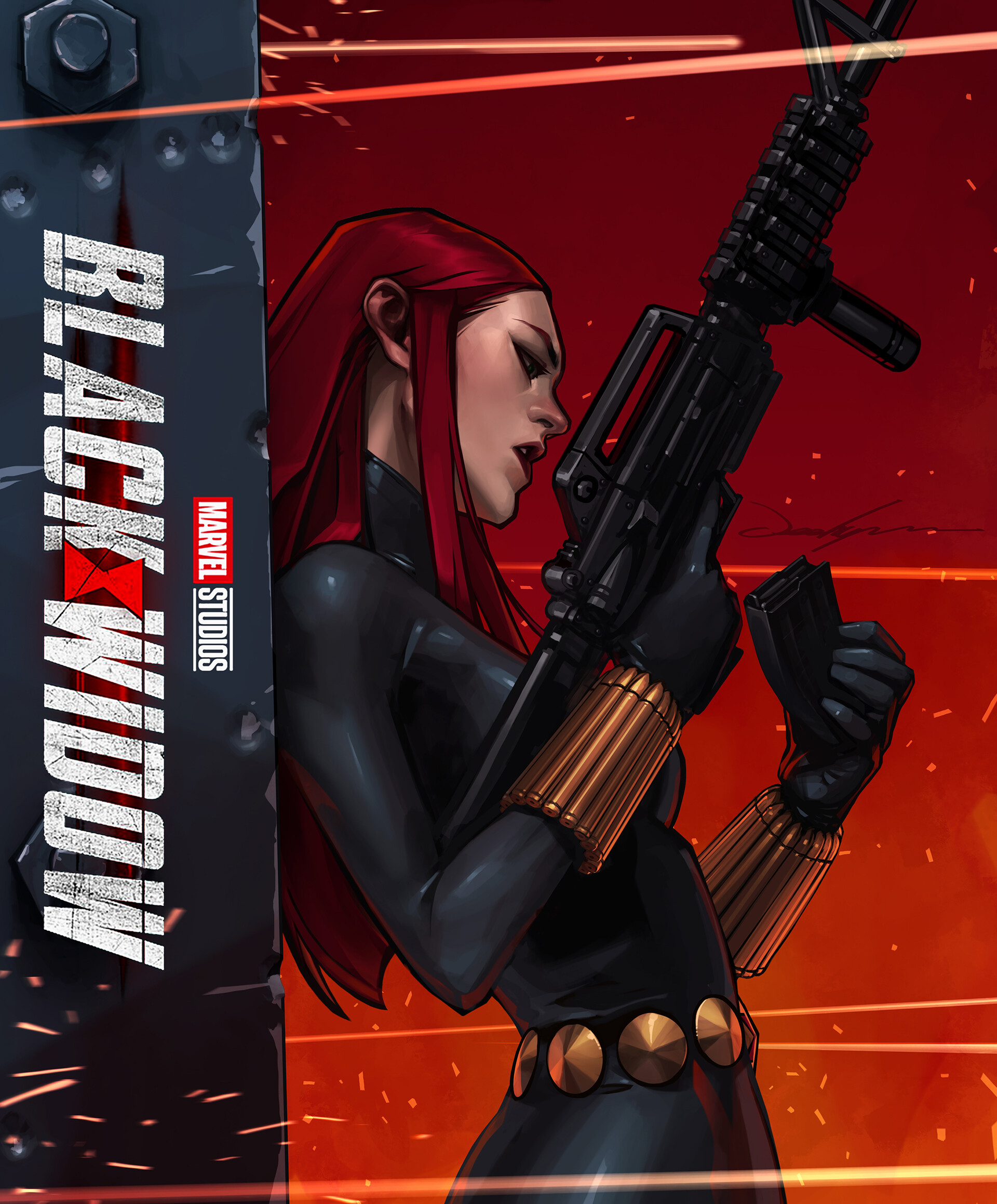 Wallpaper, women, comic art, ArtStation, artwork, Black Widow, Marvel Comics, girls with guns, redhead, weapon, machine gun 1920x2318