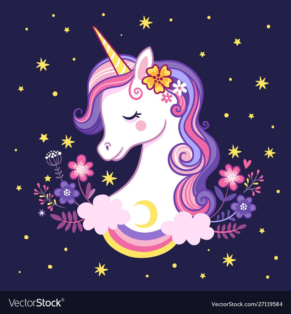 Cute unicorn on a purple background with stars and flowers. Vector illustration in cartoon style. Downl. Unicorn wallpaper cute, Unicorn artwork, Unicorn painting