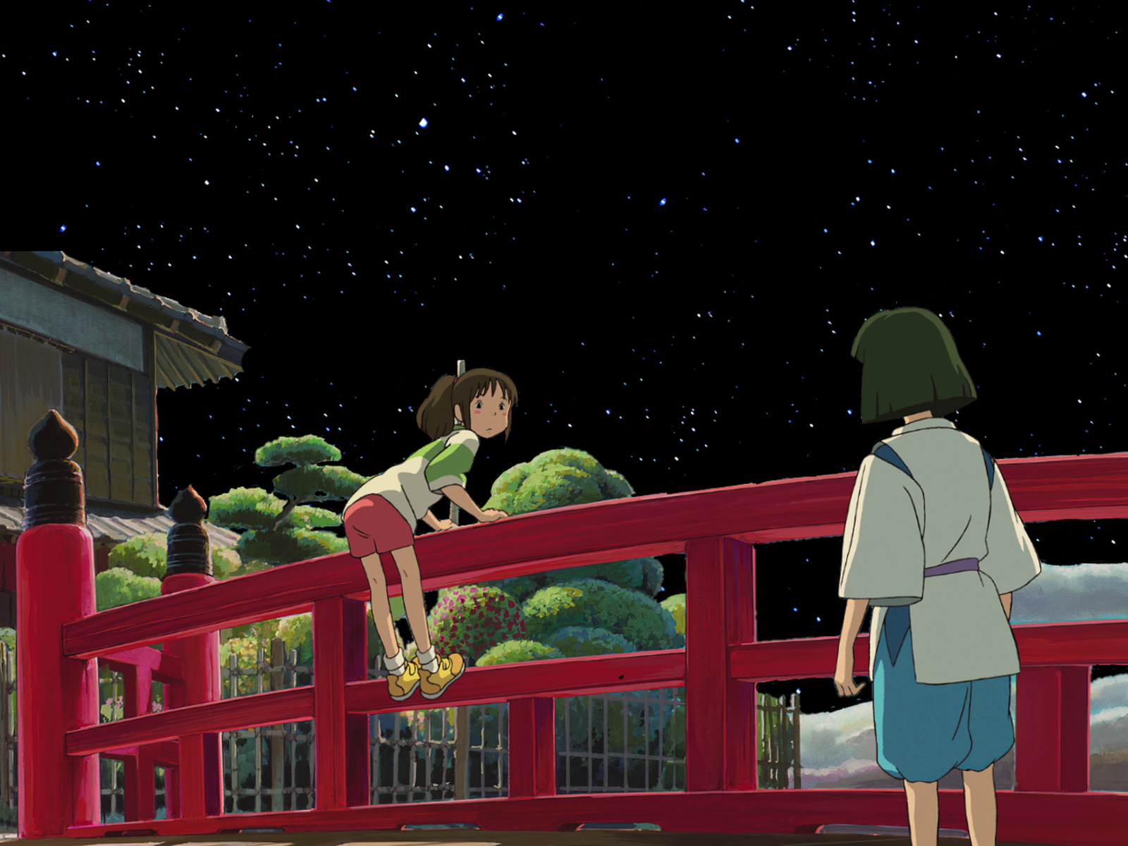 Spirited Away, Chihiro and Haku on a red bridge [1600x1200]: wallpaper