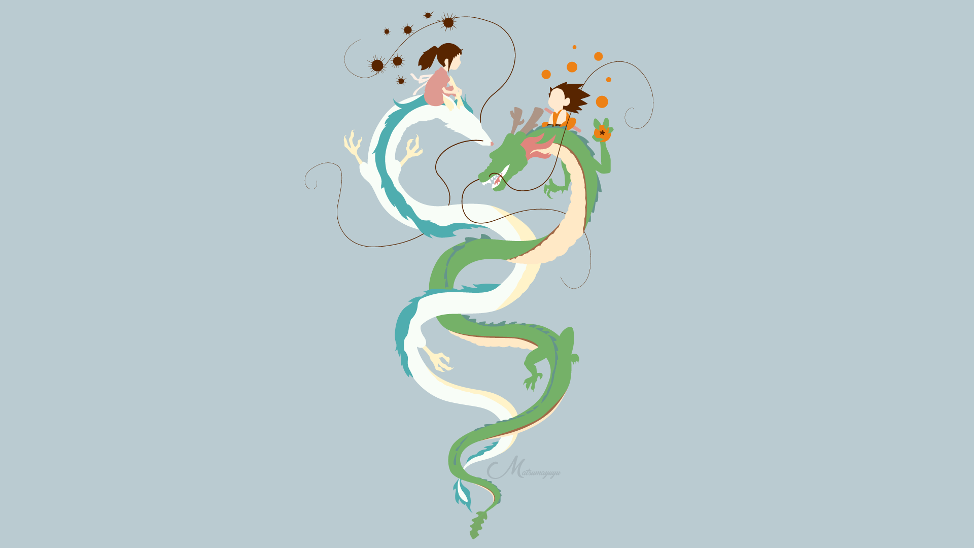 1920x1080 Spirited Away, Goku, Anime, Dragon Ball, Chihiro (Spirited Away), Minimalist, Dragon, Girl wallpaper PNG