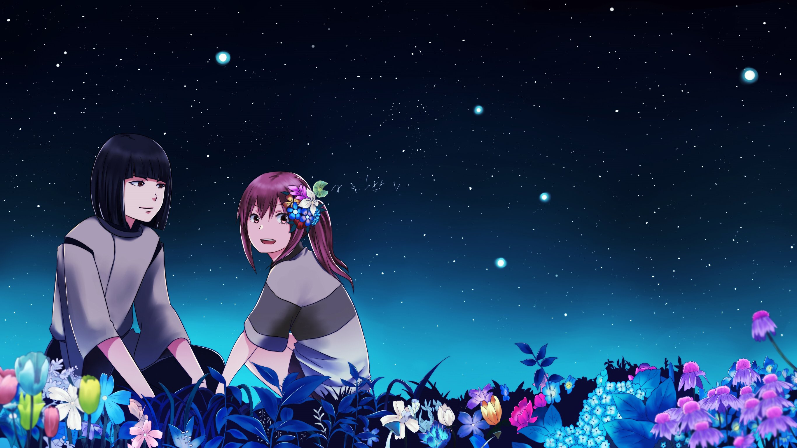 Flowers haku night ogino chihiro spirited away stars wallpaperx1536