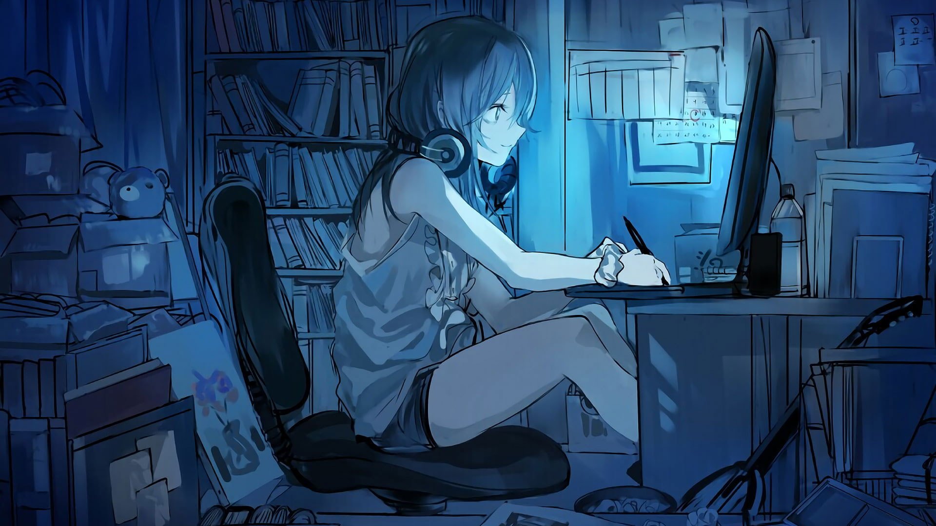 Megane anime girl, black hair, computer, room, Anime, HD wallpaper