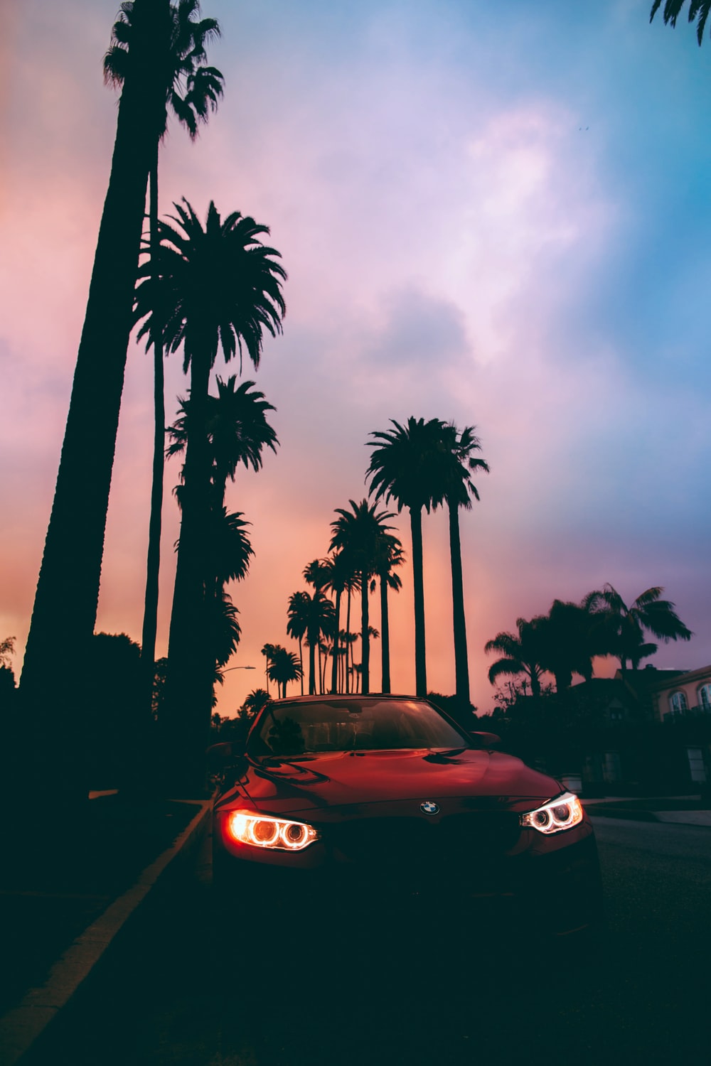 red sports car on park beside road with tree lines during daytime photo