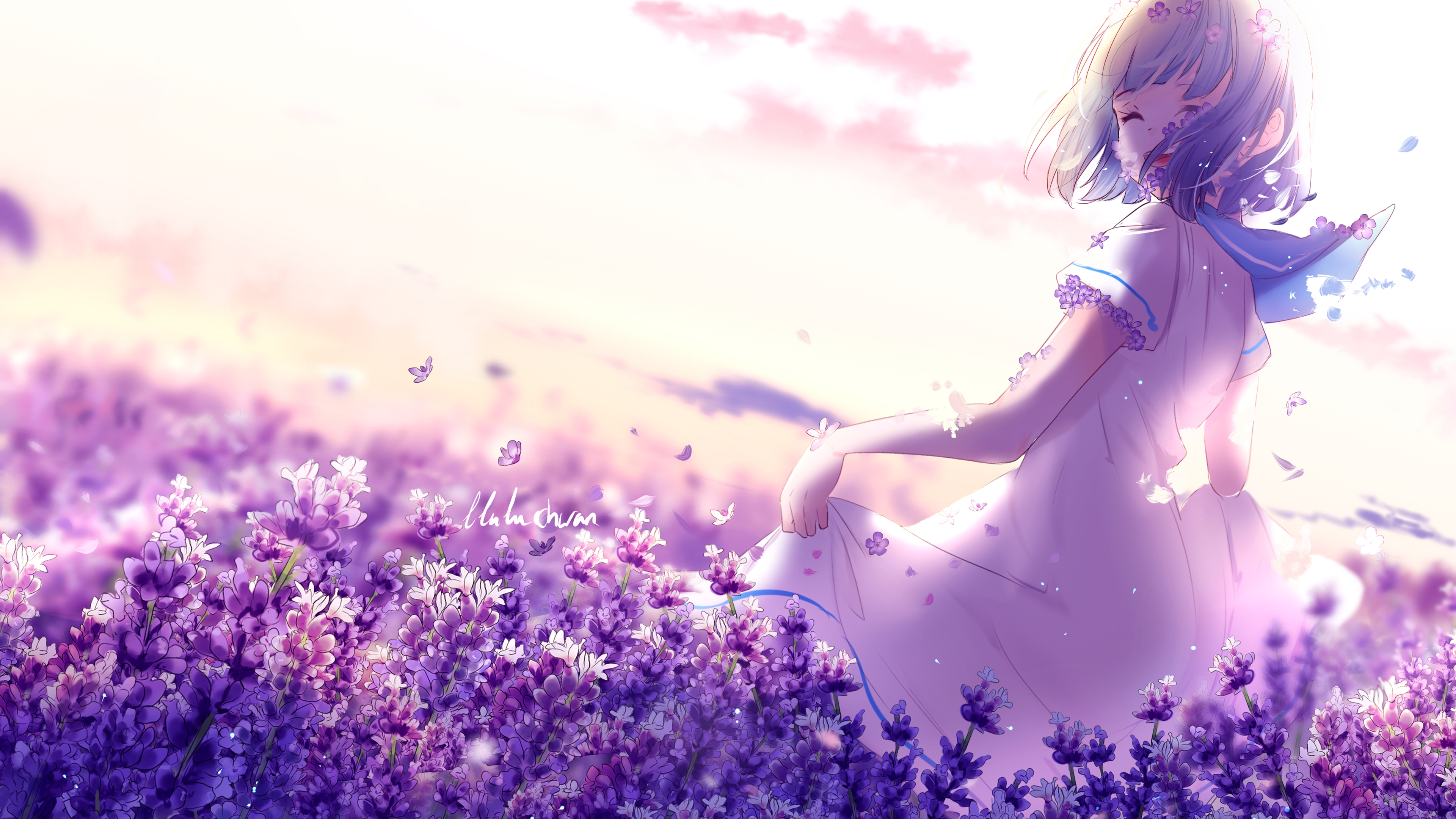 Download 3840x2160Follow Anime Girl, Lavender Garden, Happy Face, Purple Flowers Wallpaper