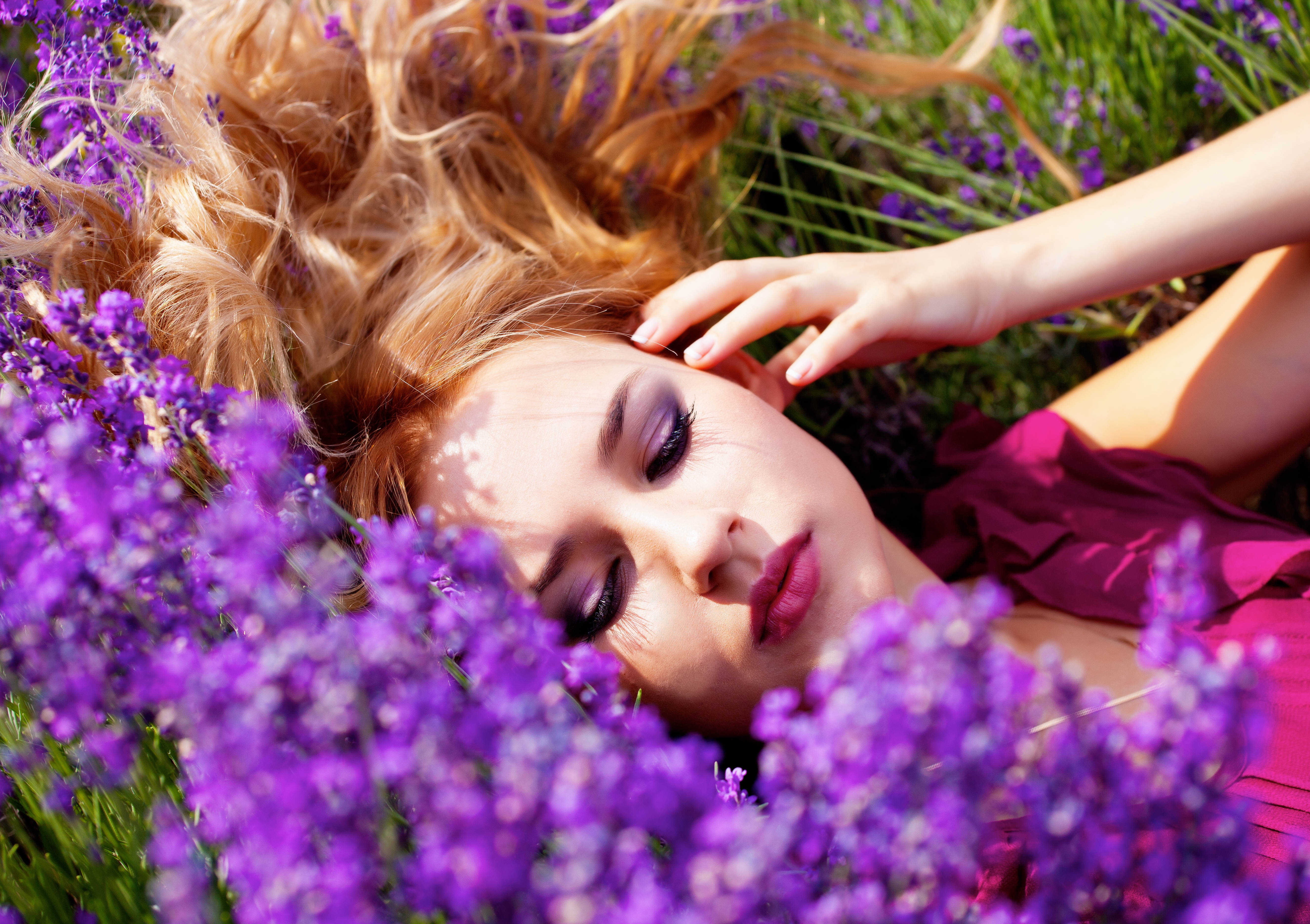 Wallpaper, flowers, field, purple, dress, hair, spring, skin, color, flower, girl, beauty, eye, holidays, blond, hairstyle, flowering plant 5305x3744